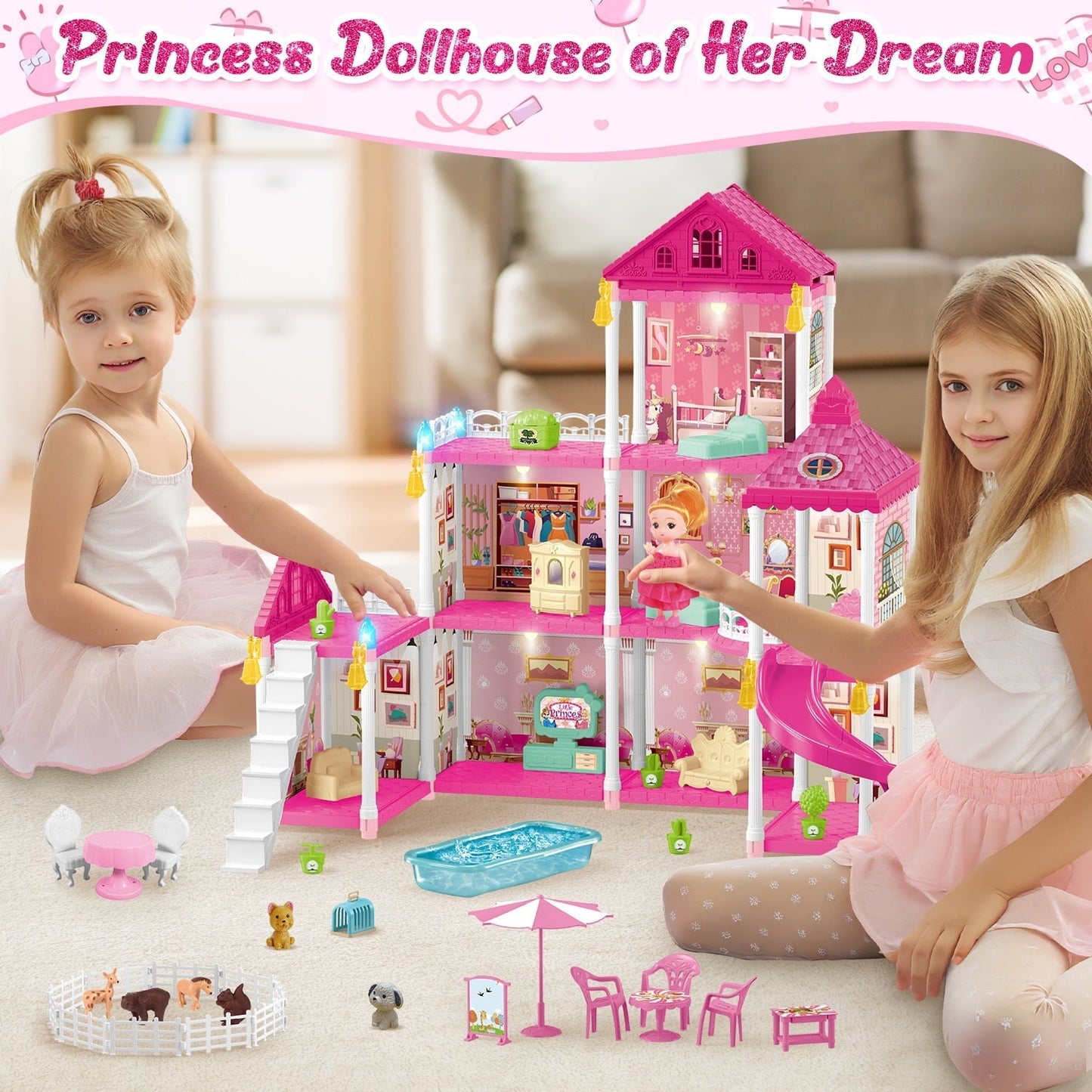 HopeRock Dollhouse Kit for Girls, 218PCS Building Toys for Girls Ages 3-6 Years, Birthday Christmas Pretend Play Gift for Little Girl.