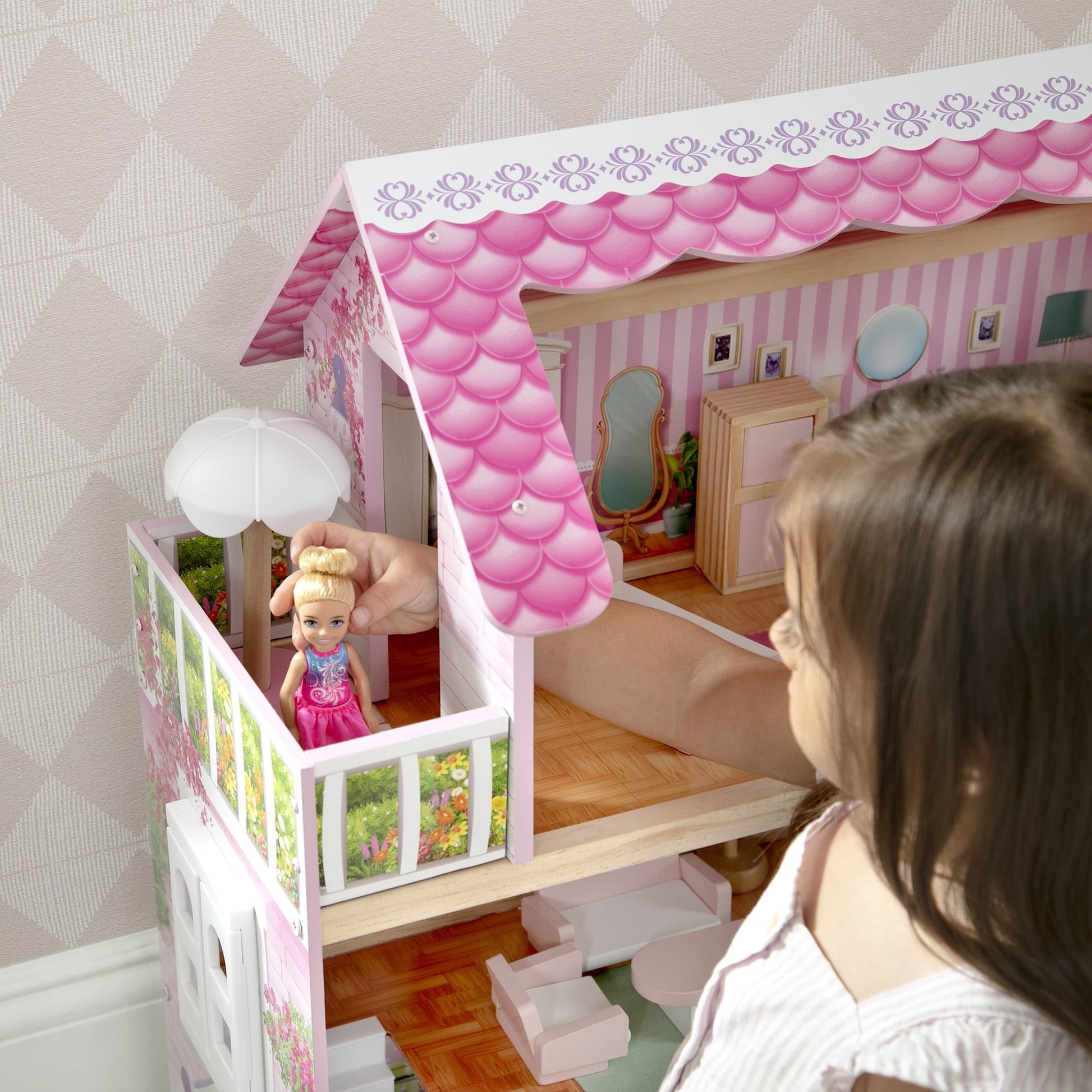 Delta Children Little Gem Dollhouse - Wooden 3-Story Dollhouse with 4 Rooms - Includes 16 Accessories - Fits 5-inch Dolls - Pretend Play Dream Gift for Ages 3+