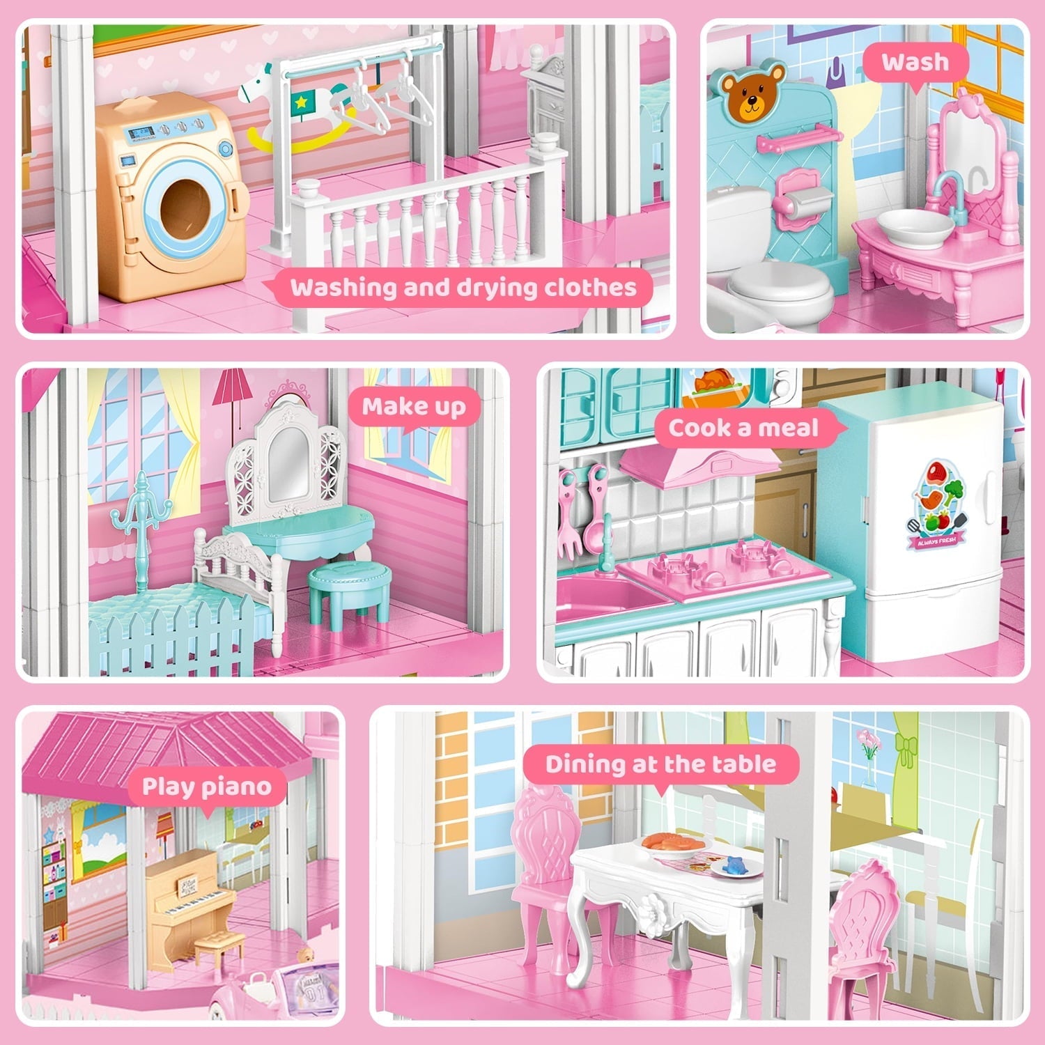 Freecat 38.5" Dollhouse for Girl, 9 Room, 2 Dolls, Elevator, Car& Furniture Accessories, Toy for Girl 3 4 5 6 7 8+ Year Old Kids, Girls Christmas Toy Gifts.(Pink)