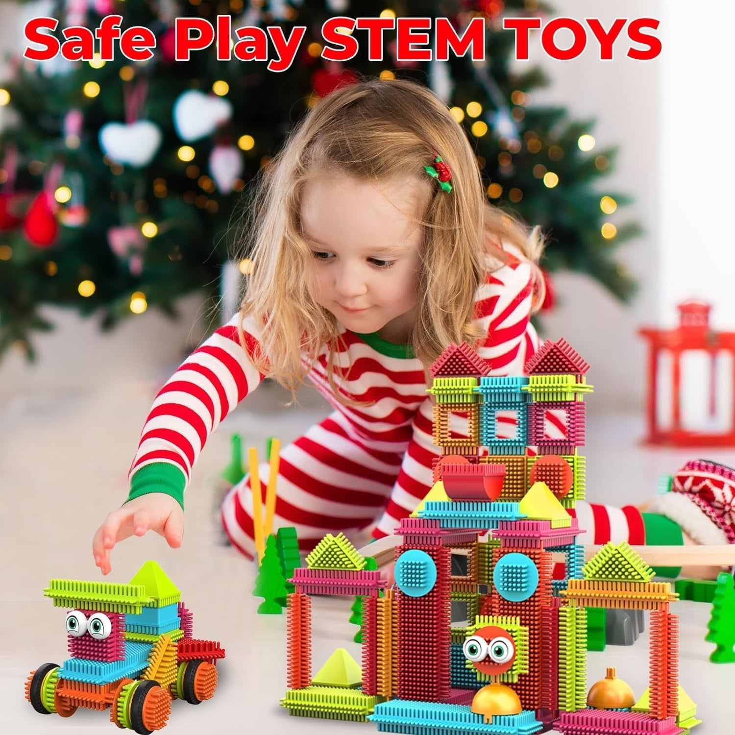 Contixo STEM Bristle Building Blocks for Toddlers & Kids Ages 3-8, Educational & Sensory Toy Building Set, 144 pcs - Rainbow Colors