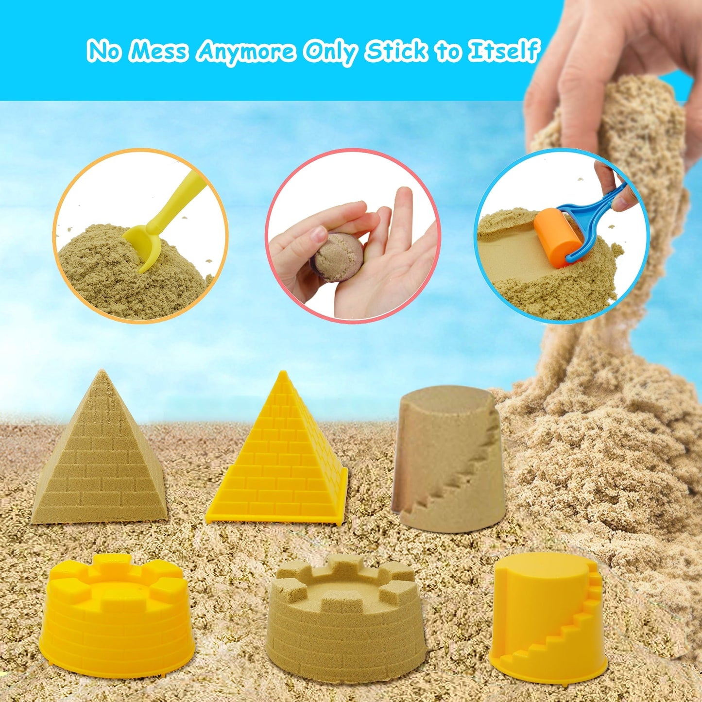 DR.Planzen Play Construction Moving Sand Kit - Sensory Bin with 2lbs Moving Sand 3 Large Construction Trucks,16 Construction Toys & Signs,4 Castle Molds,Sensory Toys for Children