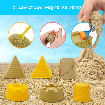 DR.Planzen Play Construction Moving Sand Kit - Sensory Bin with 2lbs Moving Sand 3 Large Construction Trucks,16 Construction Toys & Signs,4 Castle Molds,Sensory Toys for Children