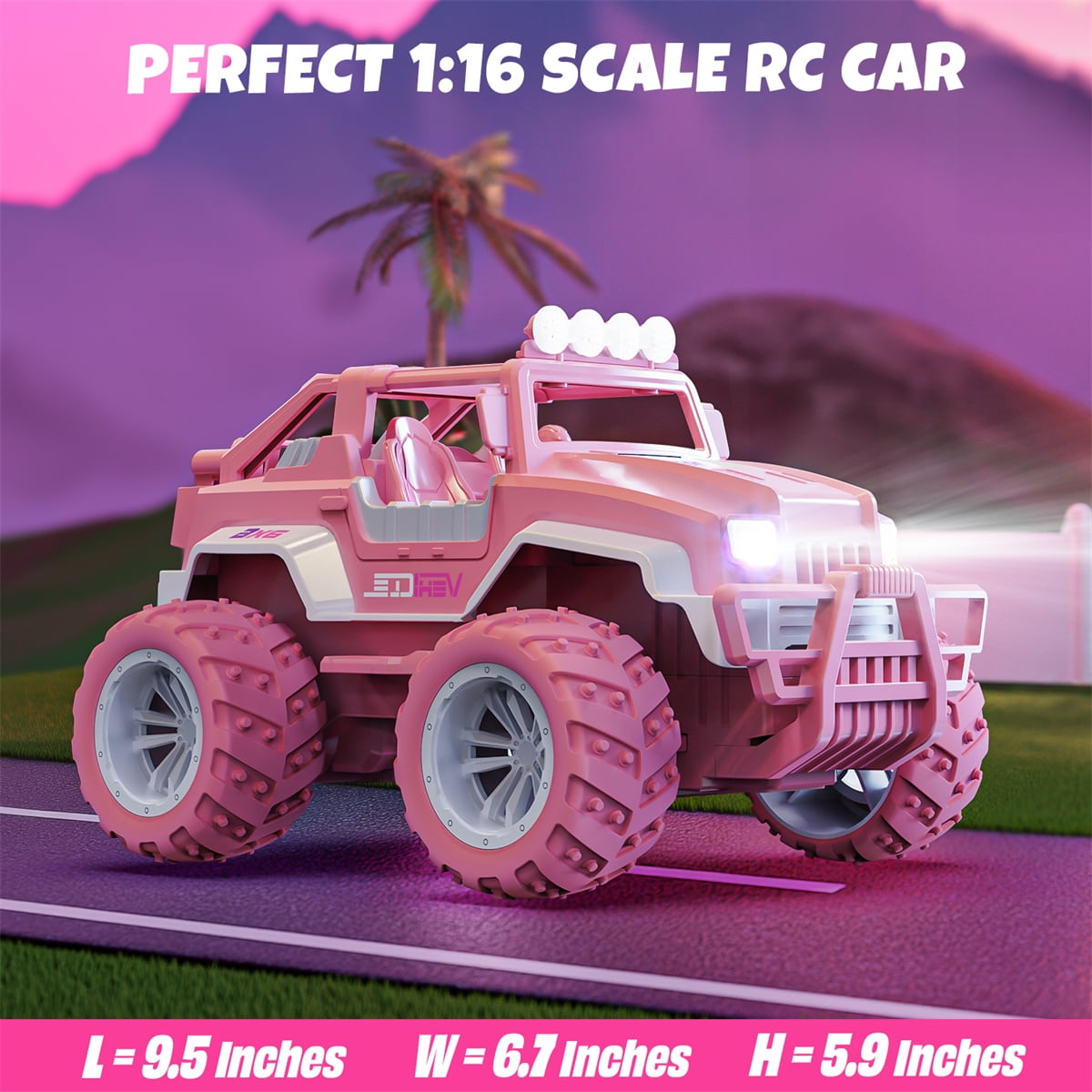 YCFUN Remote Control Car for Girls, 1:16 Pink RC Jeep Car with Lights, 2 Dolls, 4 Windmills & 2 Rechargeable Batteries, RC Truck Gifts for Kids