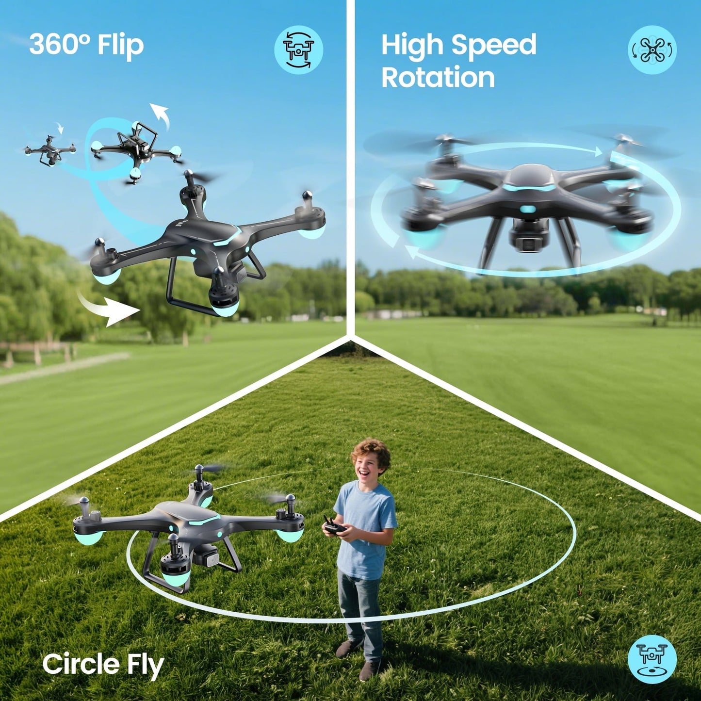WF13 Drone with 1080P HD Camera for Kids, Optical Flow Hover, Upgraded Wefone Quadcopter, 2 Batteries, Black