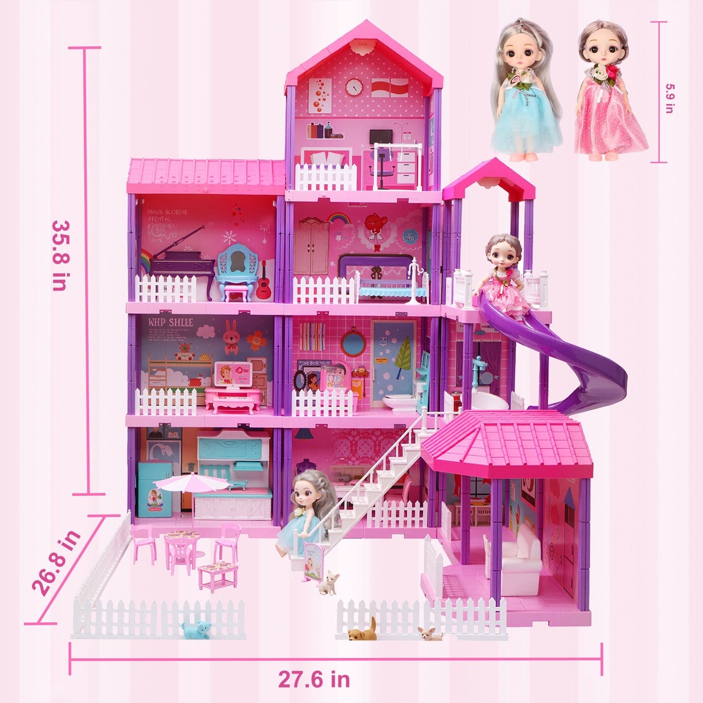 Hot Bee 36 inch Dollhouse Playset Girl Toys, 11 Rooms with Doll Toy Figures Toddler Playhouse Christmas Birthday Gifts for 3 4 5 6 7 Year Old Girls