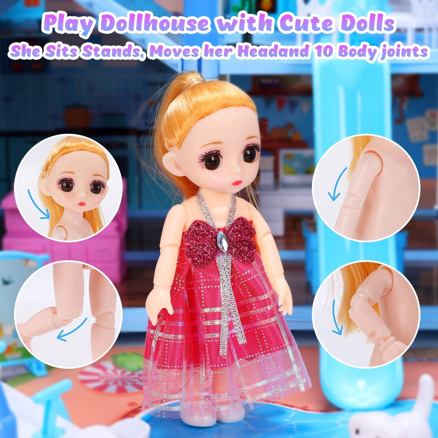 JoyStone Play Dollhouse with Doll Toy Figures, 14 Rooms Furniture and Colorful Lights, Creative Doll House Gift for Girls Ages 3+, Assemble Required, Pink