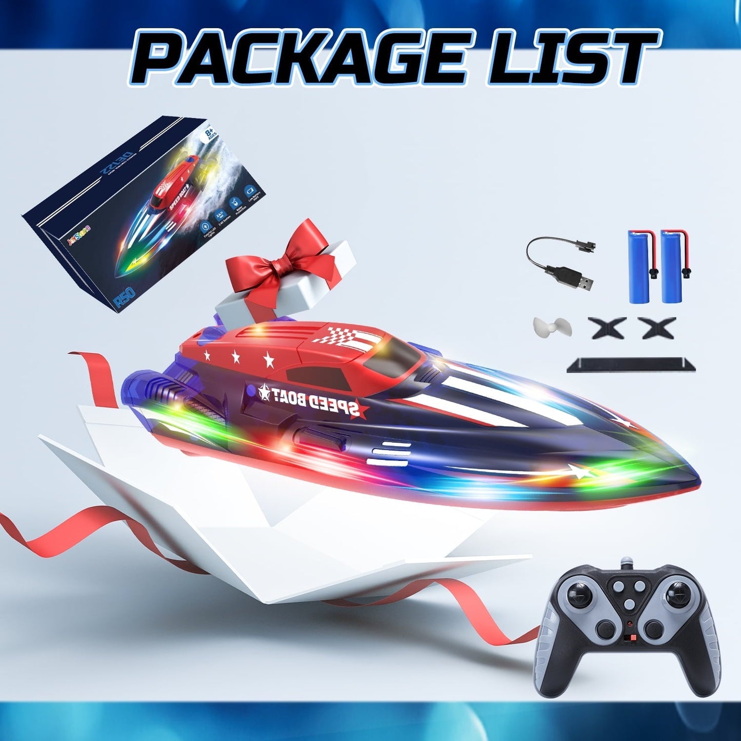 JoyStone RC Boat for Pools and Lakes, 13 Inch Remote Control Boat with LED Lights, 2.4G Racing Boats for Kids & Adults with 2 Rechargeable Battery, Gifts for Boys Girls