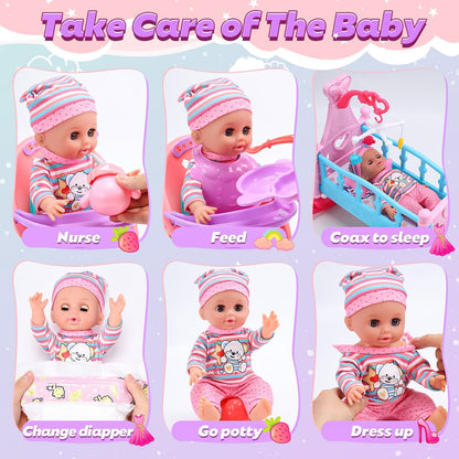 JoyStone Baby Play Set with 12.5" Doll, Crib, High Chair, 41 Pcs Accessories & 2 Outfits, Pretend Play Toys for Girls Toddlers