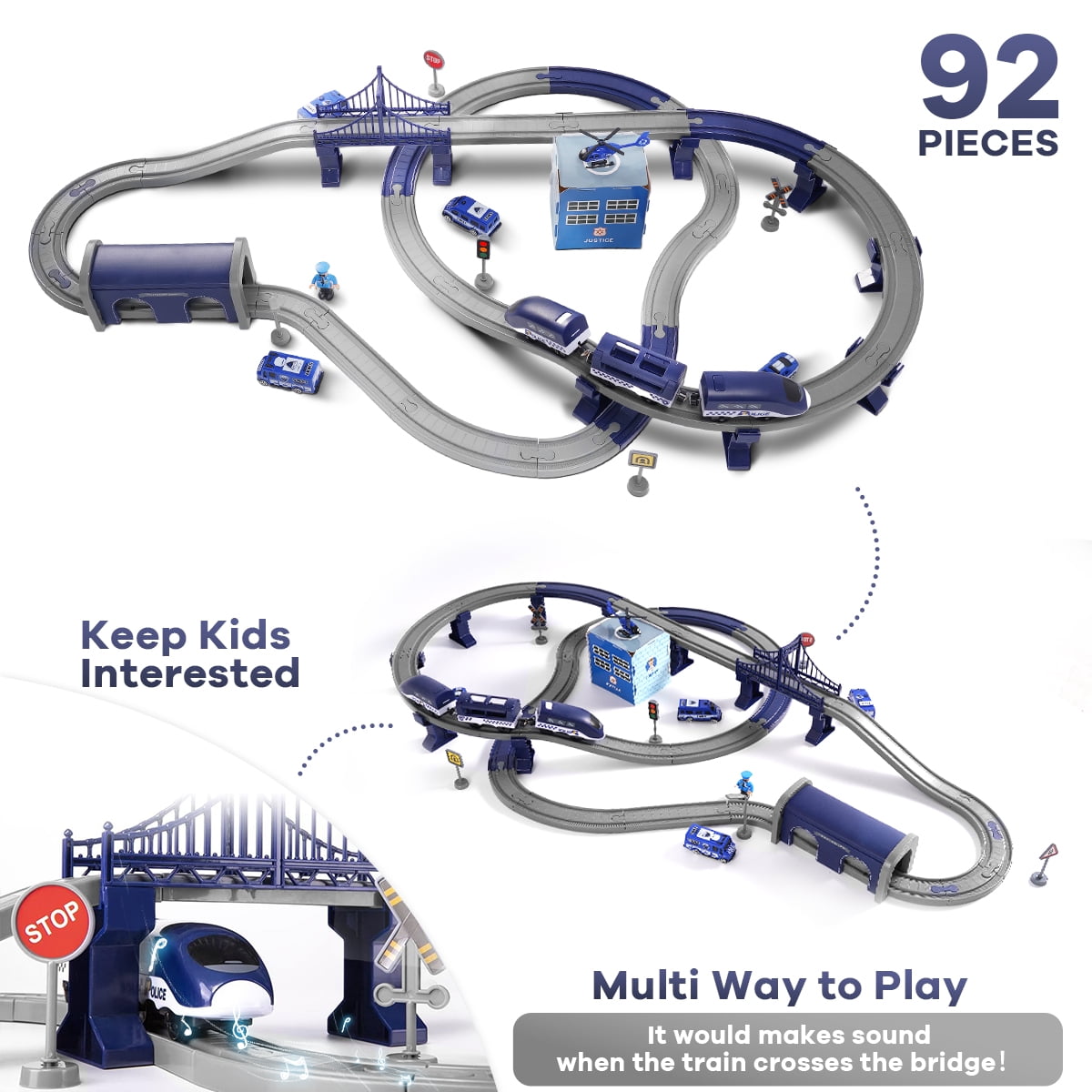 Toys Train Set for Kids, HDJ 92PCS Race Track Set for Boys Christmas Train Birthday Gift,Police Toy with Cars, Copter(Blue)