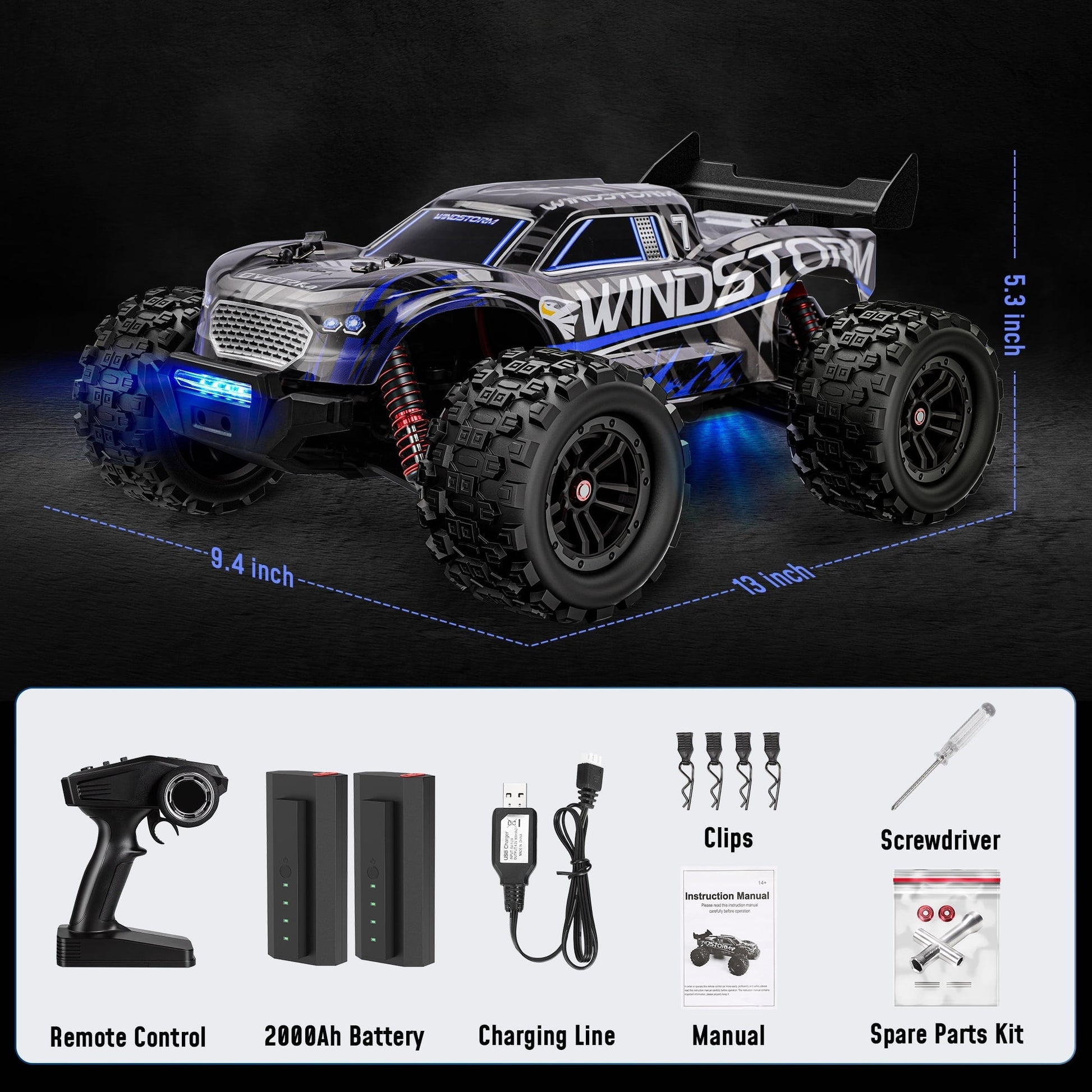 Tcovle 1:14 RC Cars, 40+ KM/H Fast RC Monster Truck Remote Control Car with Metal Drivetrain, 4WD All-Terrain, 2 Batteries, RC Toy Car Gift for Kids, Teens & Adults