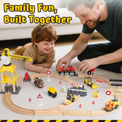 Train Set, 68 PCS Wooden Train Set for Kids, Train Toys for Toddlers, Construction Toys Train with Train Tracks for Kids 2 3 4 5+ Years Old, Great Gift for Boys Girls - Compatible with Other Brands