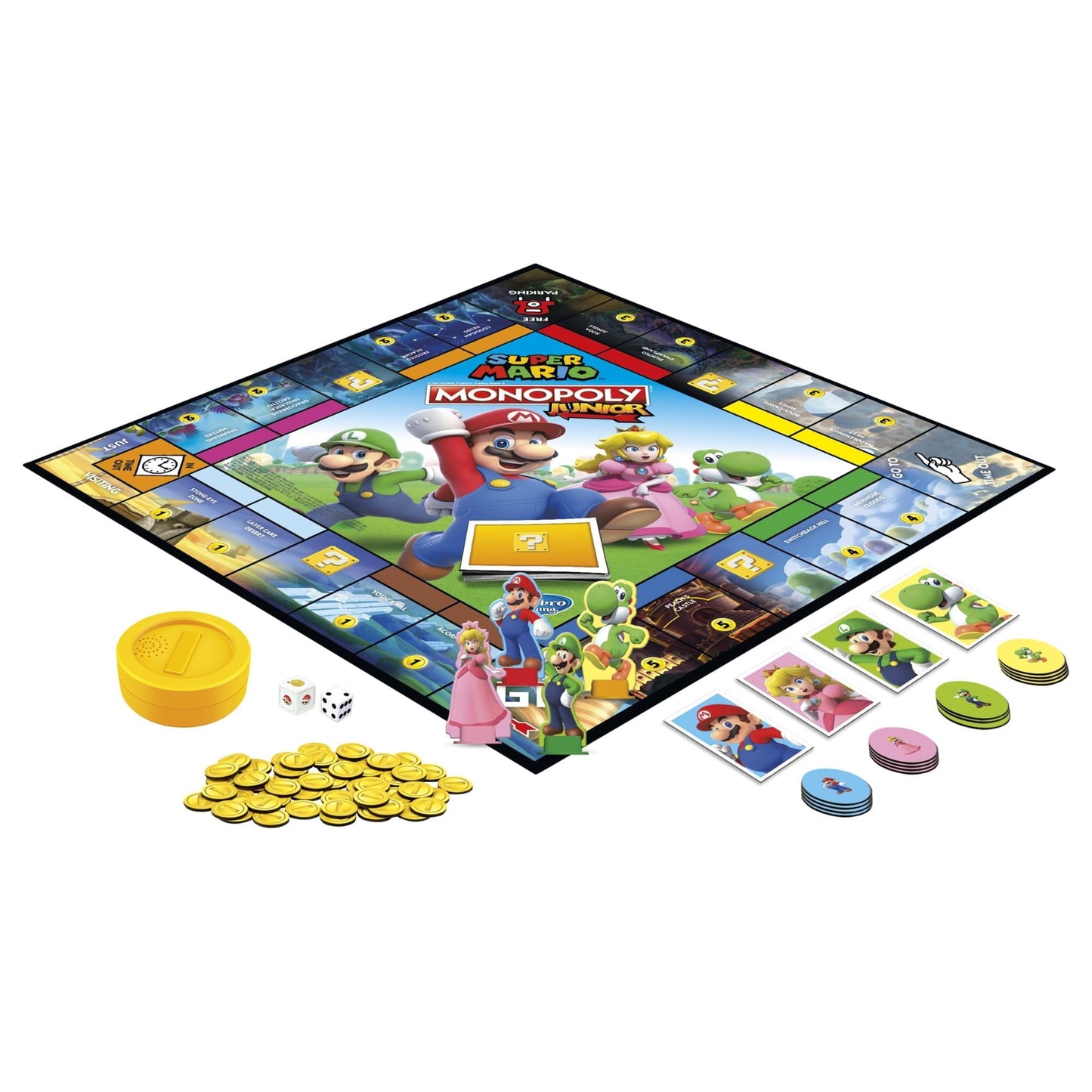 Monopoly Junior Super Mario Edition Board Game, Fun Kids' Ages 5 and Up, Explore The Mushroom Kingdom as Mario, Peach, Yoshi, or Luigi ( Exclusive)