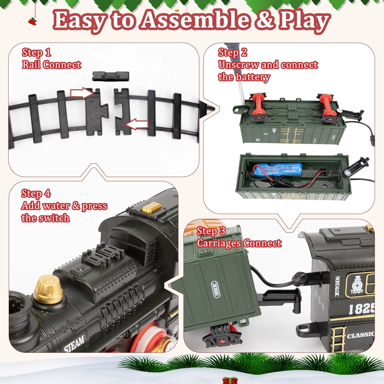 Teblint Train Set Toy with Remote Control, Electric Toy Train with Smoke, Lights & Sound, Rechargeable Steam Locomotive Engine Train Toy for 3 4 5 6 7 8+ Years Old Kids, Christmas Birthday Gift