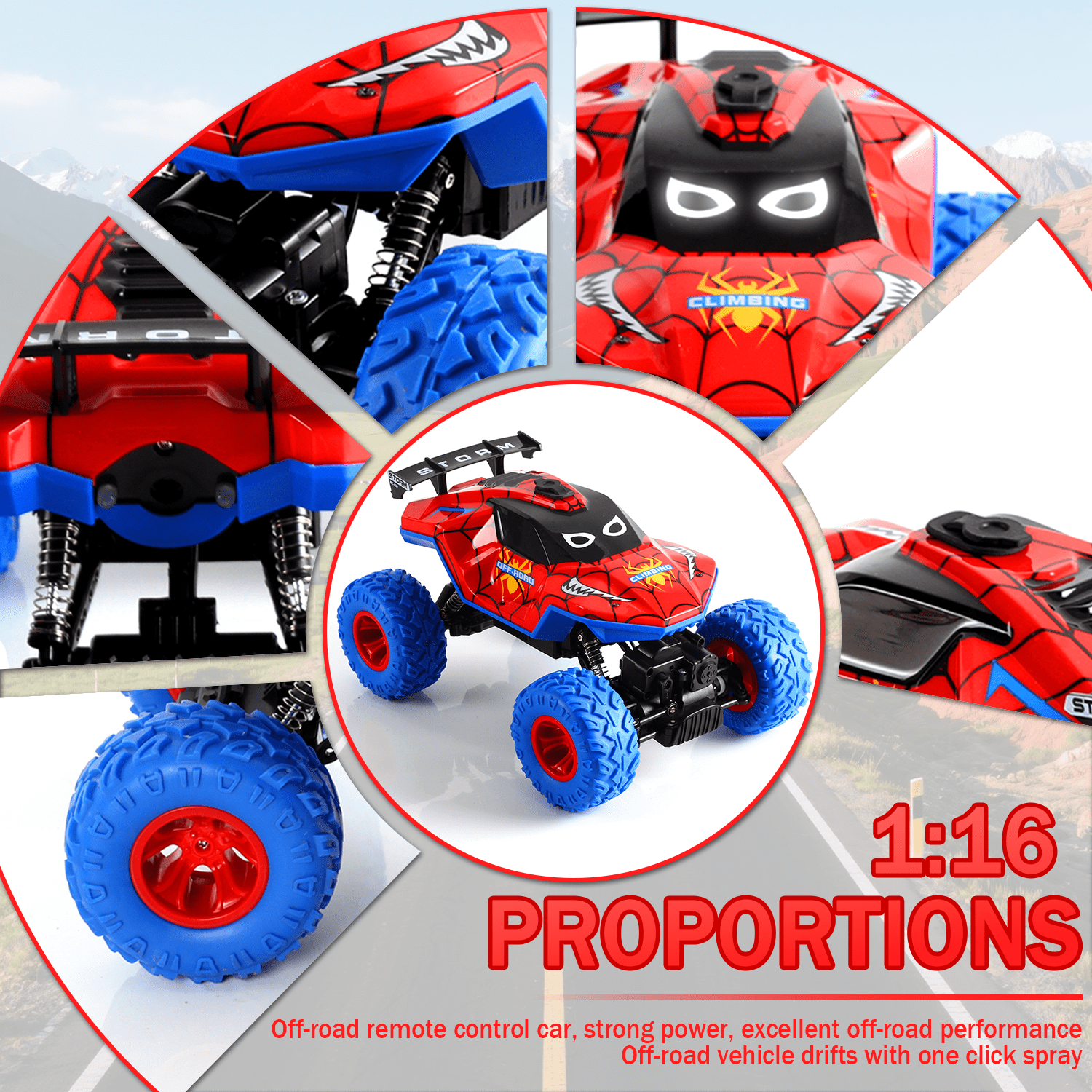 HNH 1:16 Monster Trucks Remote Control Car, 4WD Spider RC Car for Kids, RC Vehicle with Two Battery