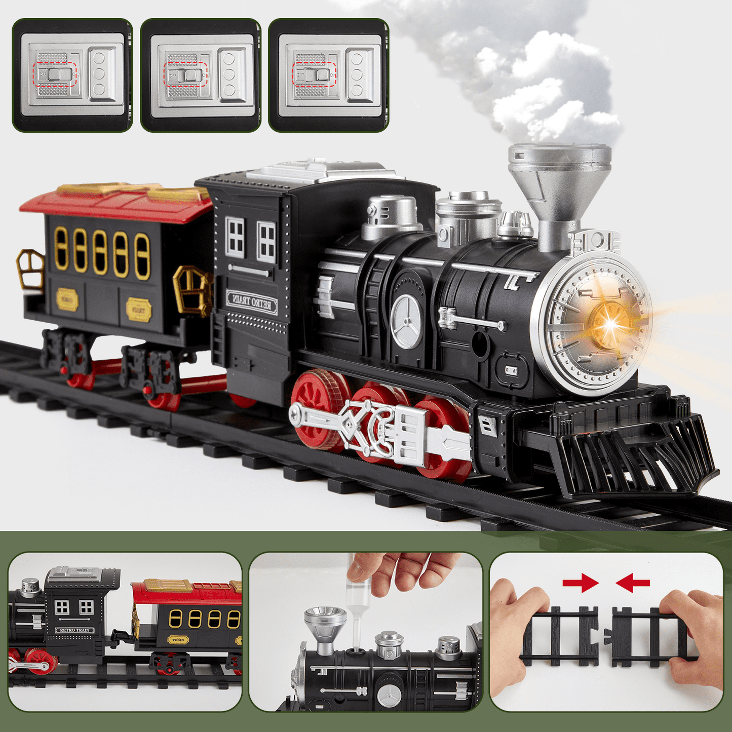 Gleamkid Electric Train Set for Kids, Train Track Toy with Smoke & Light & Sound, Christmas Train Gift for Boy & Girl
