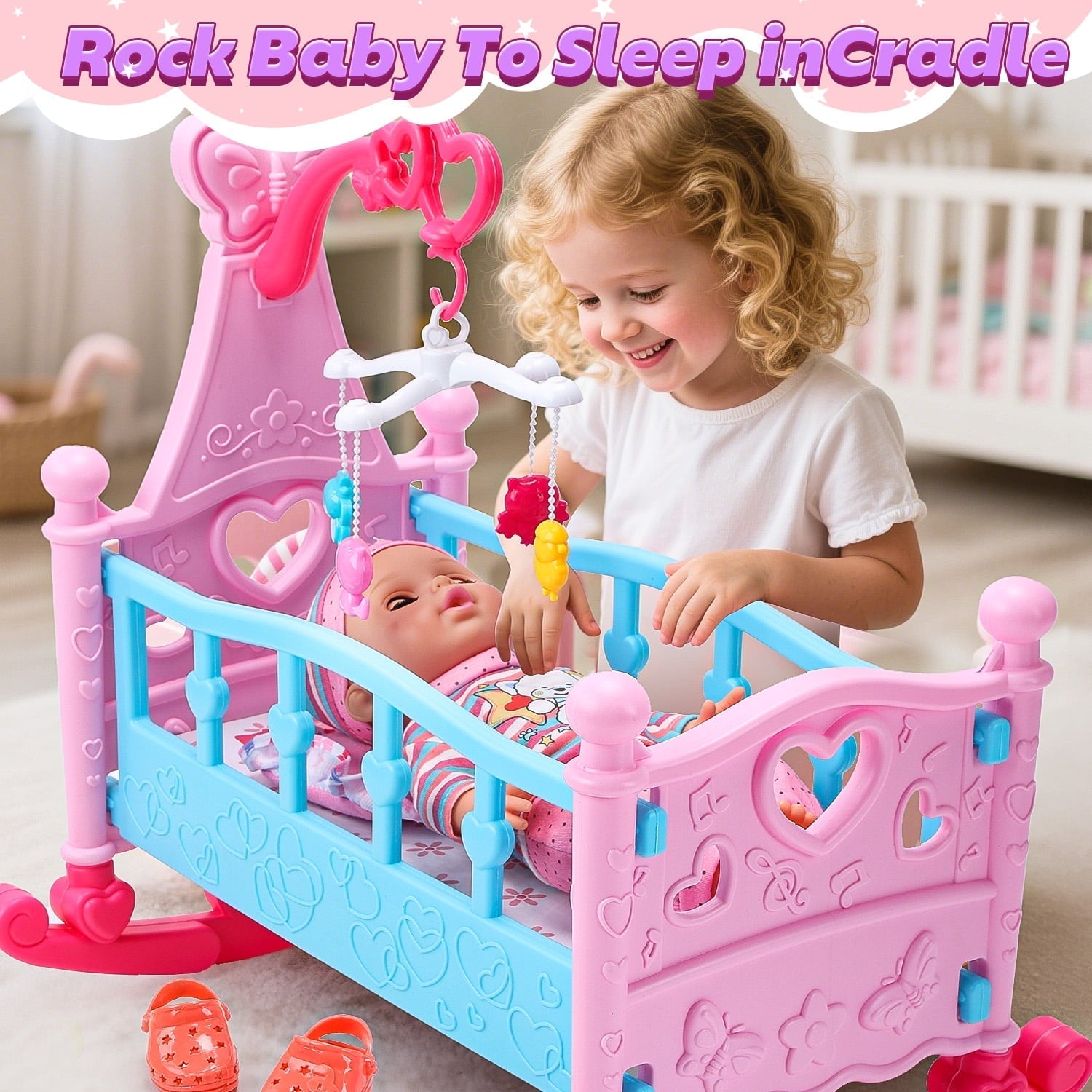 JoyStone Baby Play Set with 12.5" Doll, Crib, High Chair, 41 Pcs Accessories & 2 Outfits, Pretend Play Toys for Girls Toddlers