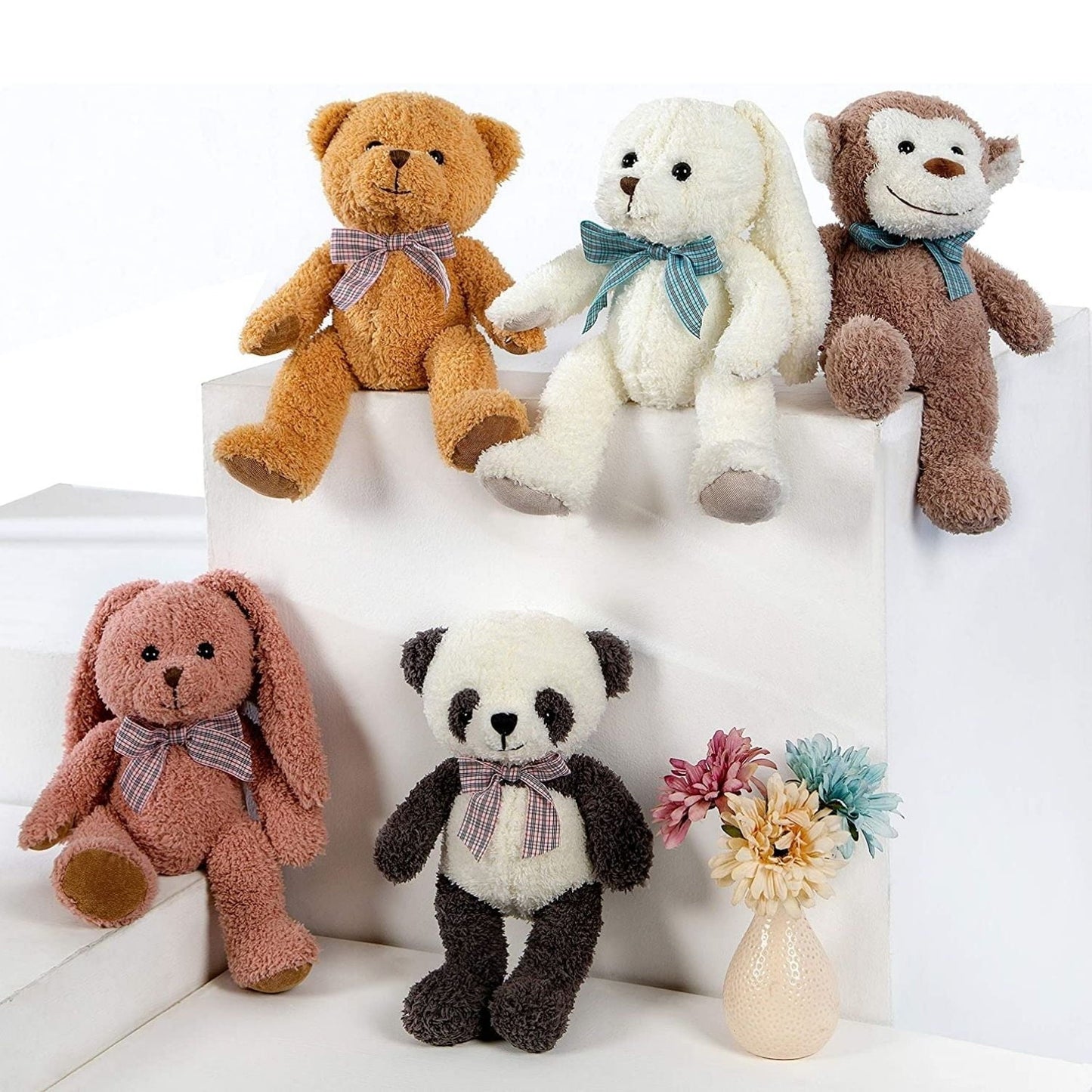 MaoGoLan 5-Packs 12.5" Soft Bulk Stuffed Animals Teddy Bear, Monkey, Panda, Rabbit (5 Packs, 5 Colors)