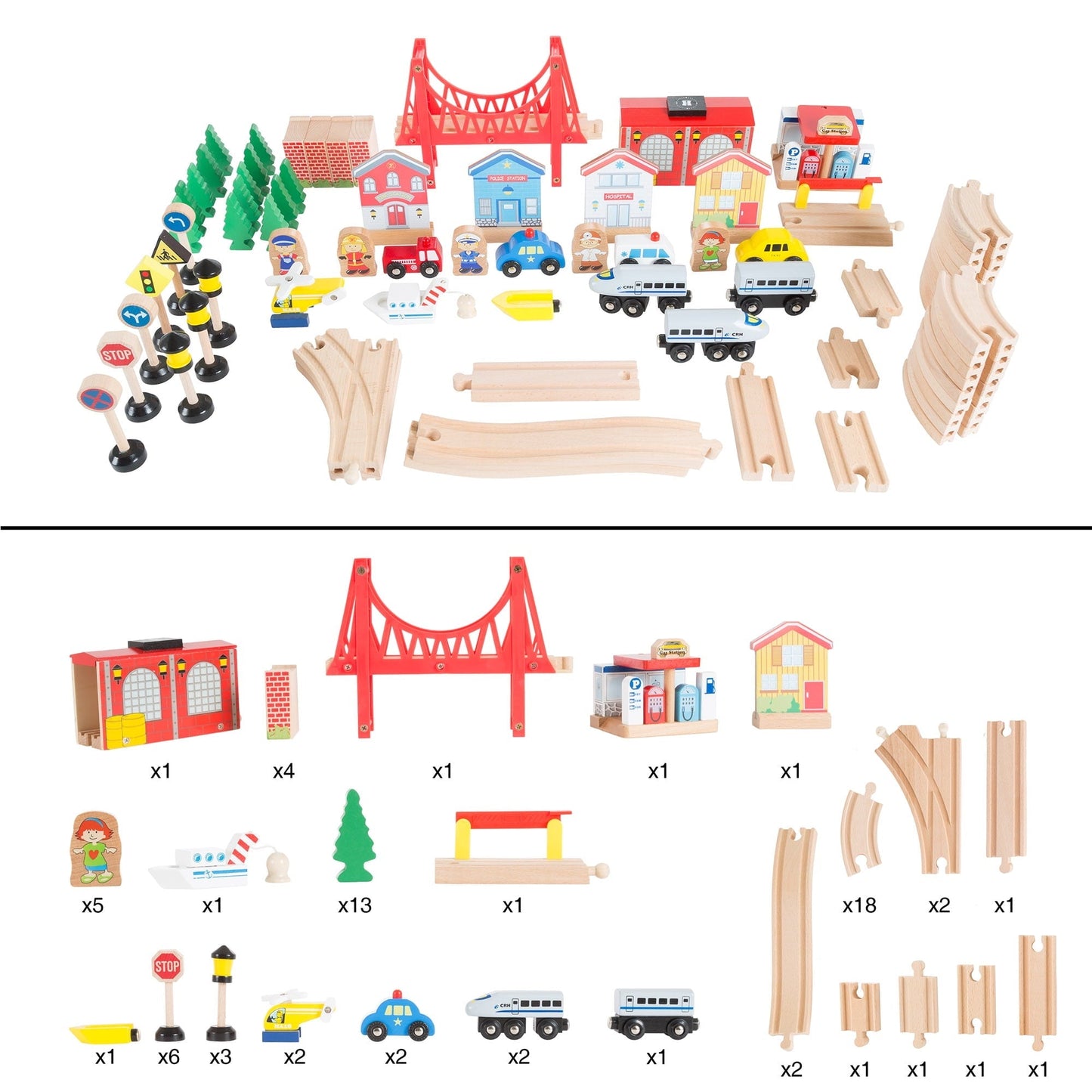 Hey Play 75-Piece Wooden Train Set with Illustrated Toy Storage Play Table