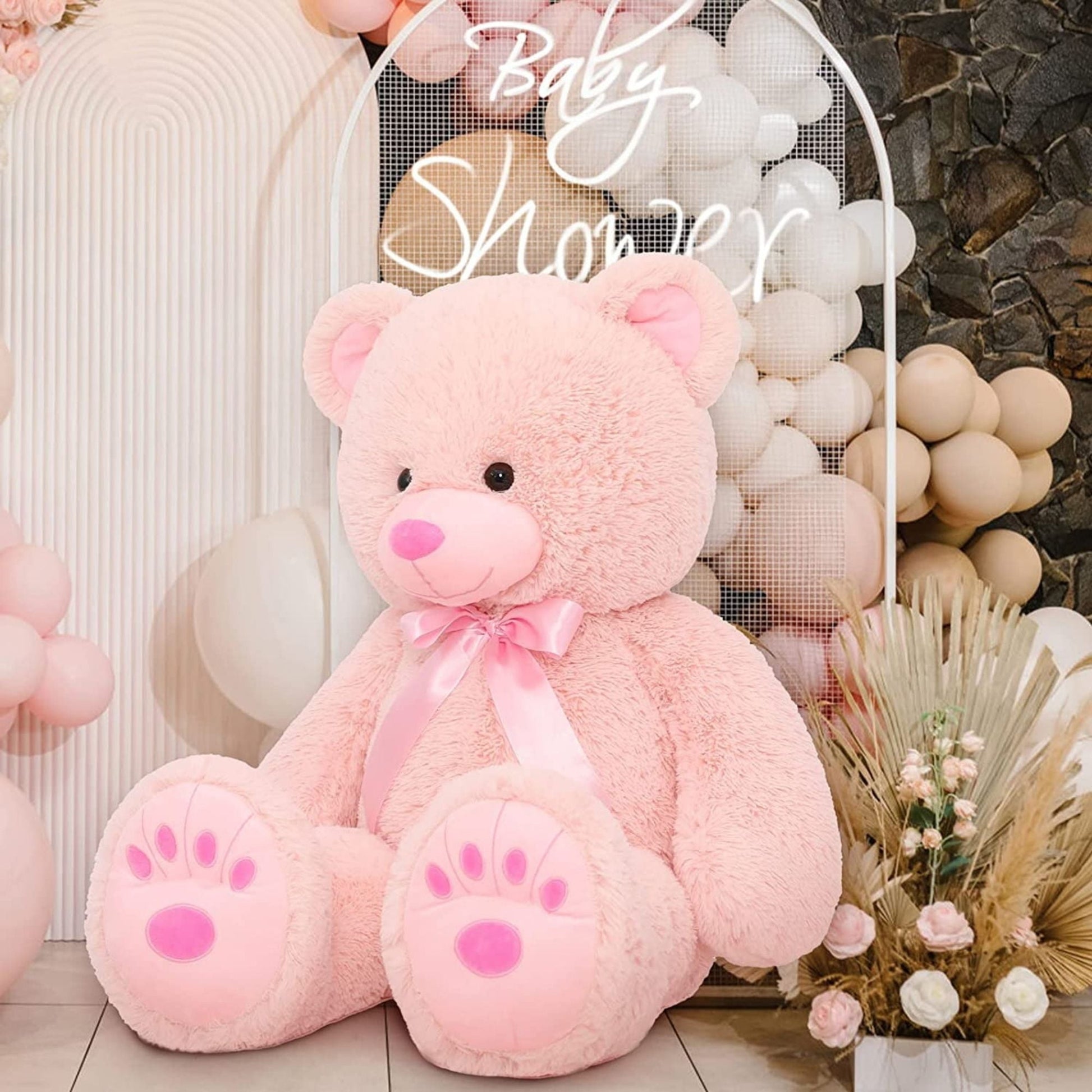 MorisMos Pink Giant Teddy Bear 35.4" Stuffed Animal Soft Big Plush Toy with Bowknot and Footprint
