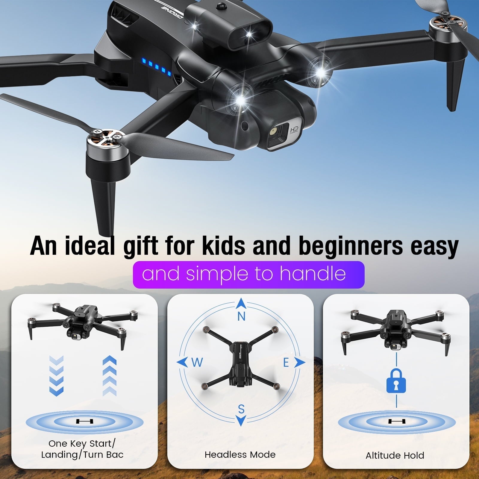 TOPVISION Drone with Camera, FPV Drone with Brushless Motor, One Key Take Off/Landing, Gesture Selfie, 3 Speed Modes, Drone for Adults and Beginners