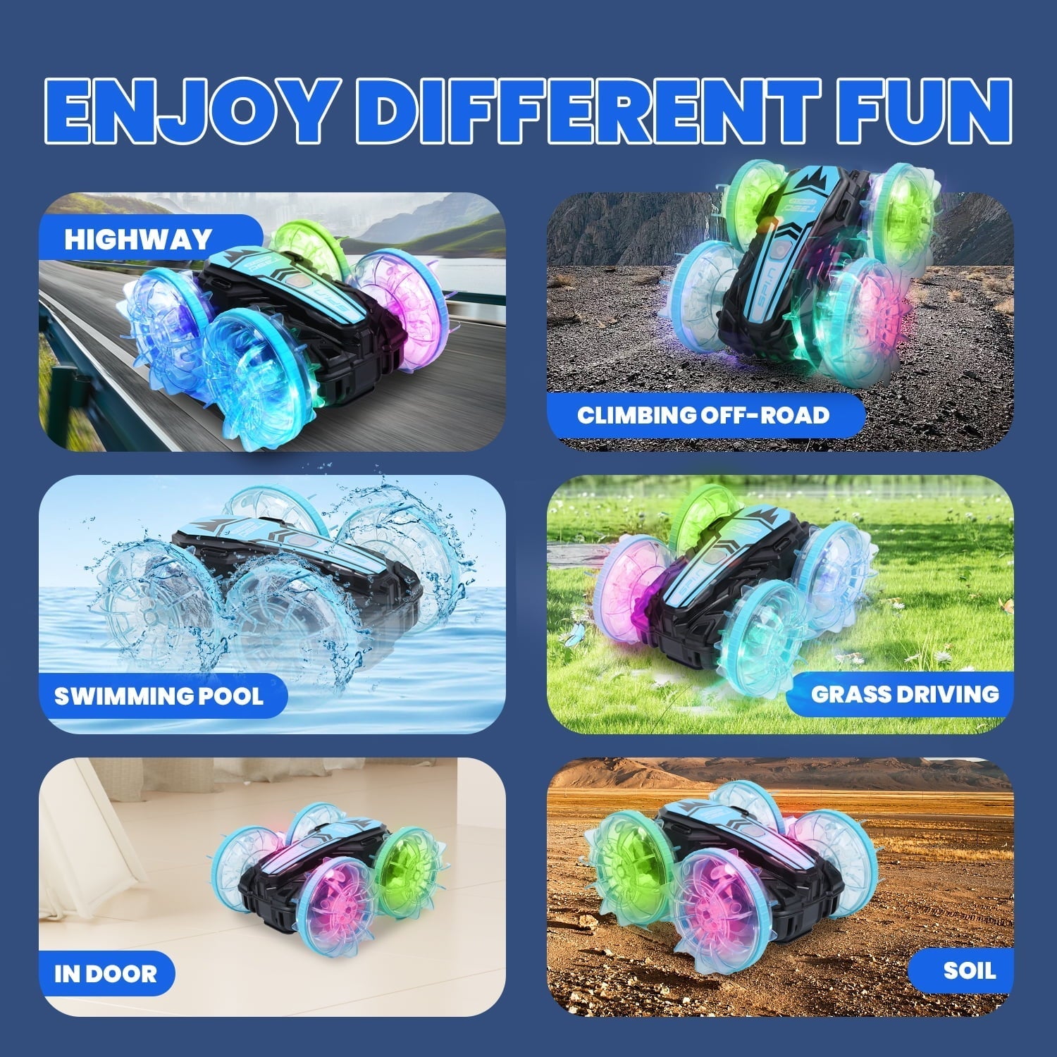 JoyStone Amphibious Remote Control Car Boat with LED Lights, 4WD RC Stunt Car Toy for Boys Girls, Water Beach Pool Toys for Kids Ages 8-12, Blue