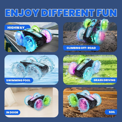 JoyStone Amphibious Remote Control Car Boat with LED Lights, 4WD RC Stunt Car Toy for Boys Girls, Water Beach Pool Toys for Kids Ages 8-12, Blue