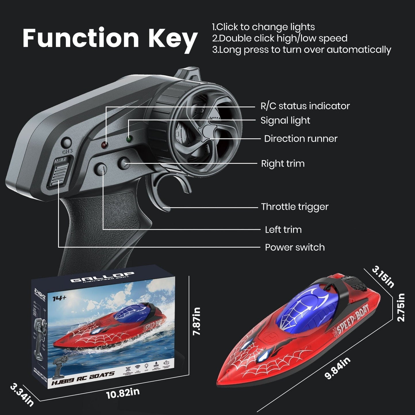 JoyStone RC Boat for Pools and Lakes, 2.4G 15+ MPH Fast Remote Control Boat with LED Lights, Racing Boats for Kids & Adults with 2 Rechargeable Battery, Gifts for Boys Girls (Red)