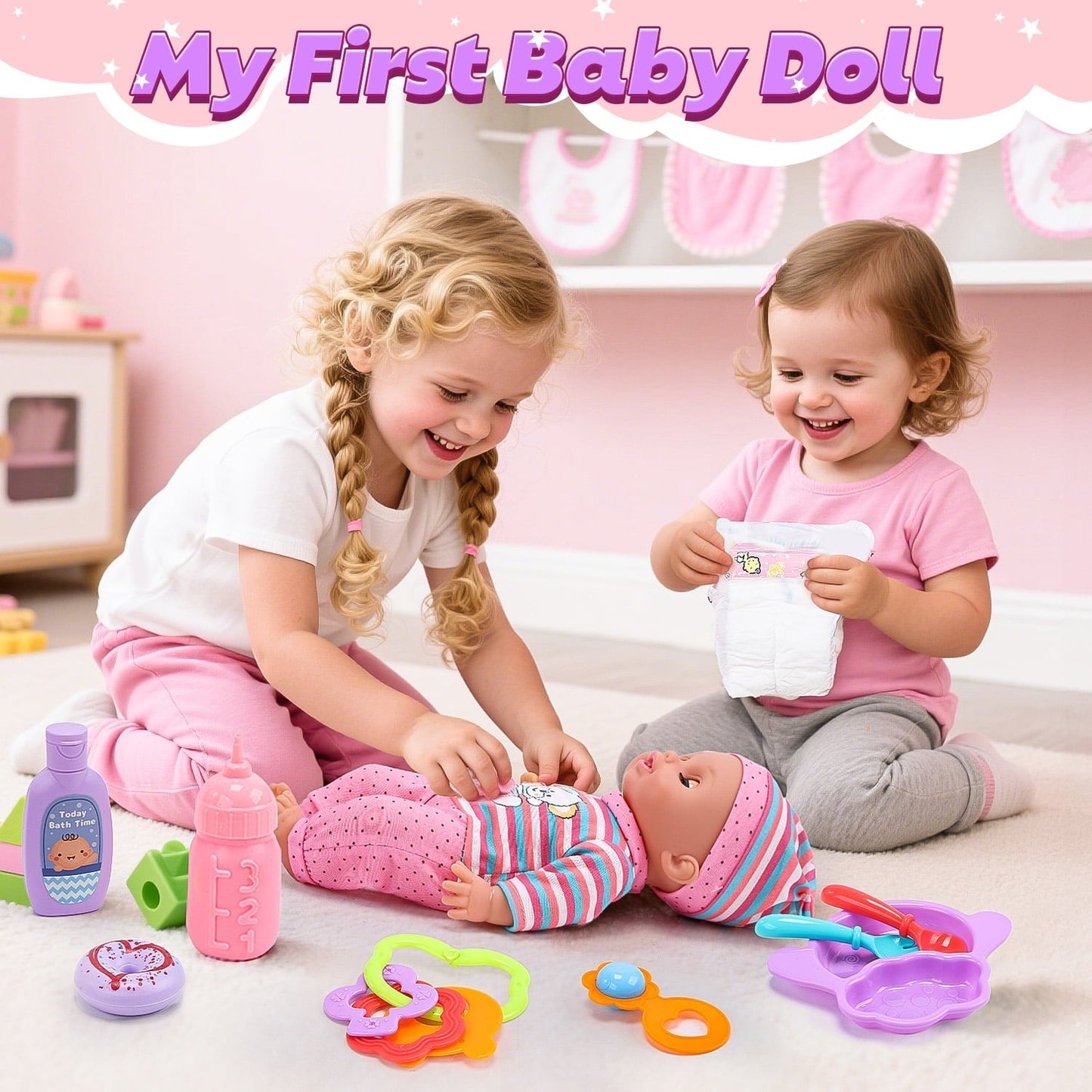 JoyStone Baby Play Set with 12.5" Doll, Crib, High Chair, 41 Pcs Accessories & 2 Outfits, Pretend Play Toys for Girls Toddlers