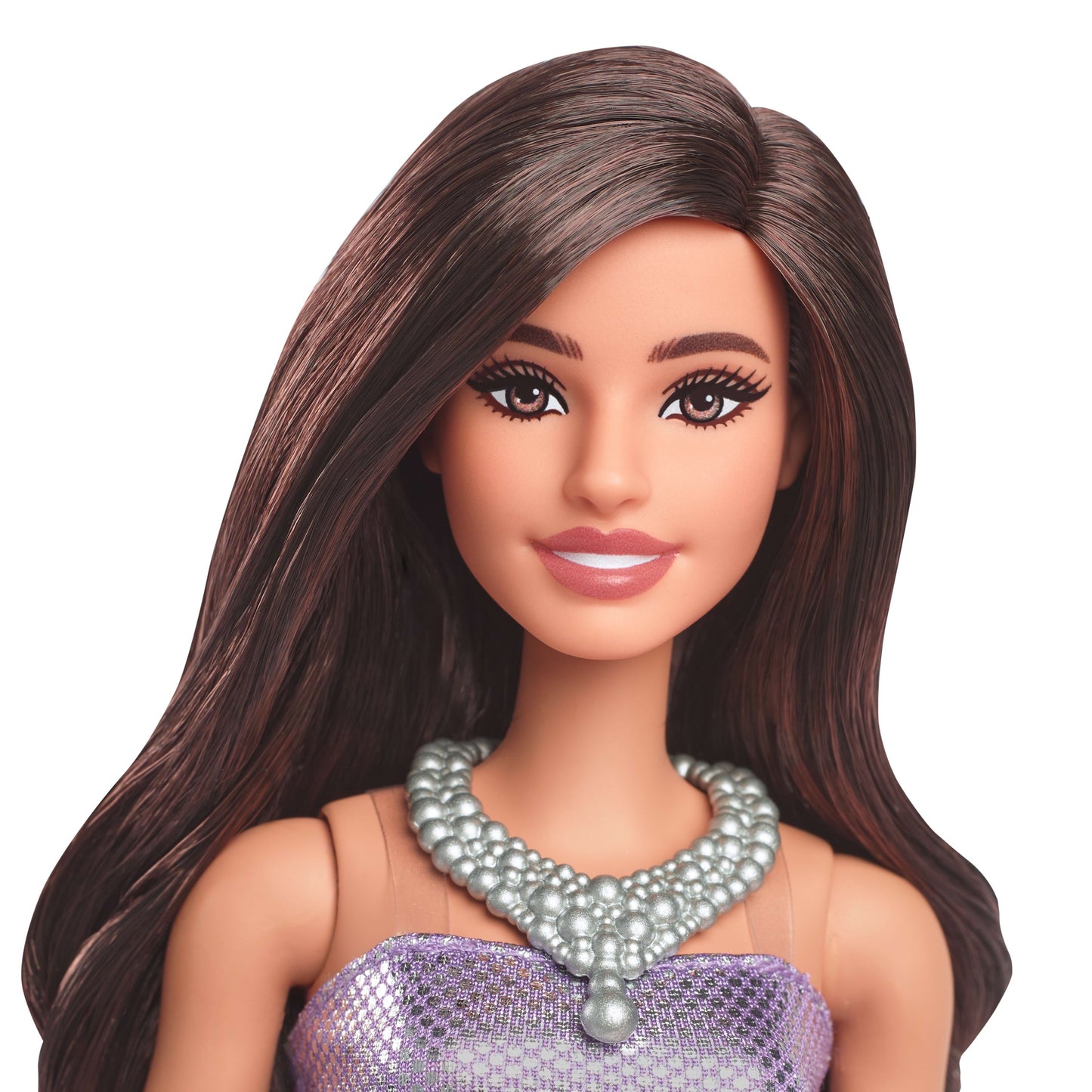 Barbie Fashionistas Doll #234 in Sequined Purple Dress and Silvery Accessories, Brown Hair