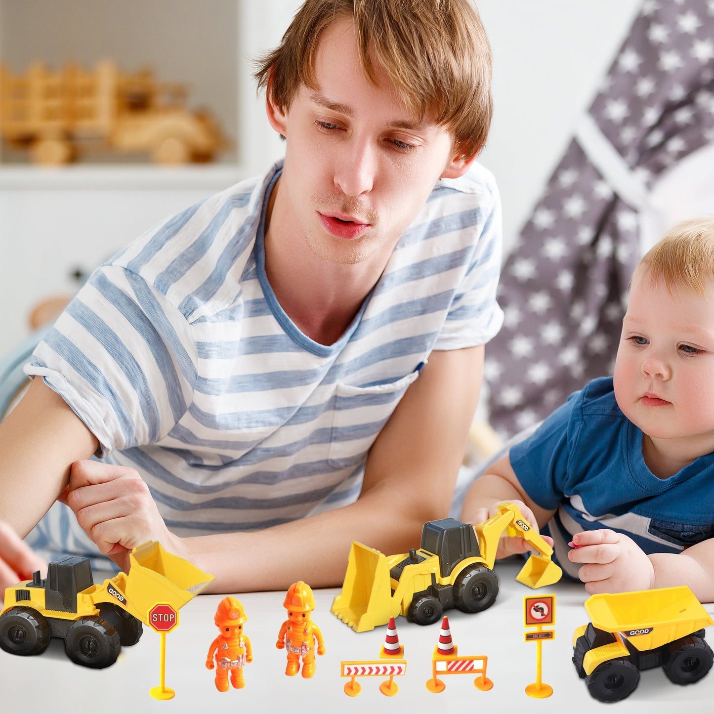 DR.Planzen Play Construction Moving Sand Kit - Sensory Bin with 2lbs Moving Sand 3 Large Construction Trucks,16 Construction Toys & Signs,4 Castle Molds,Sensory Toys for Children