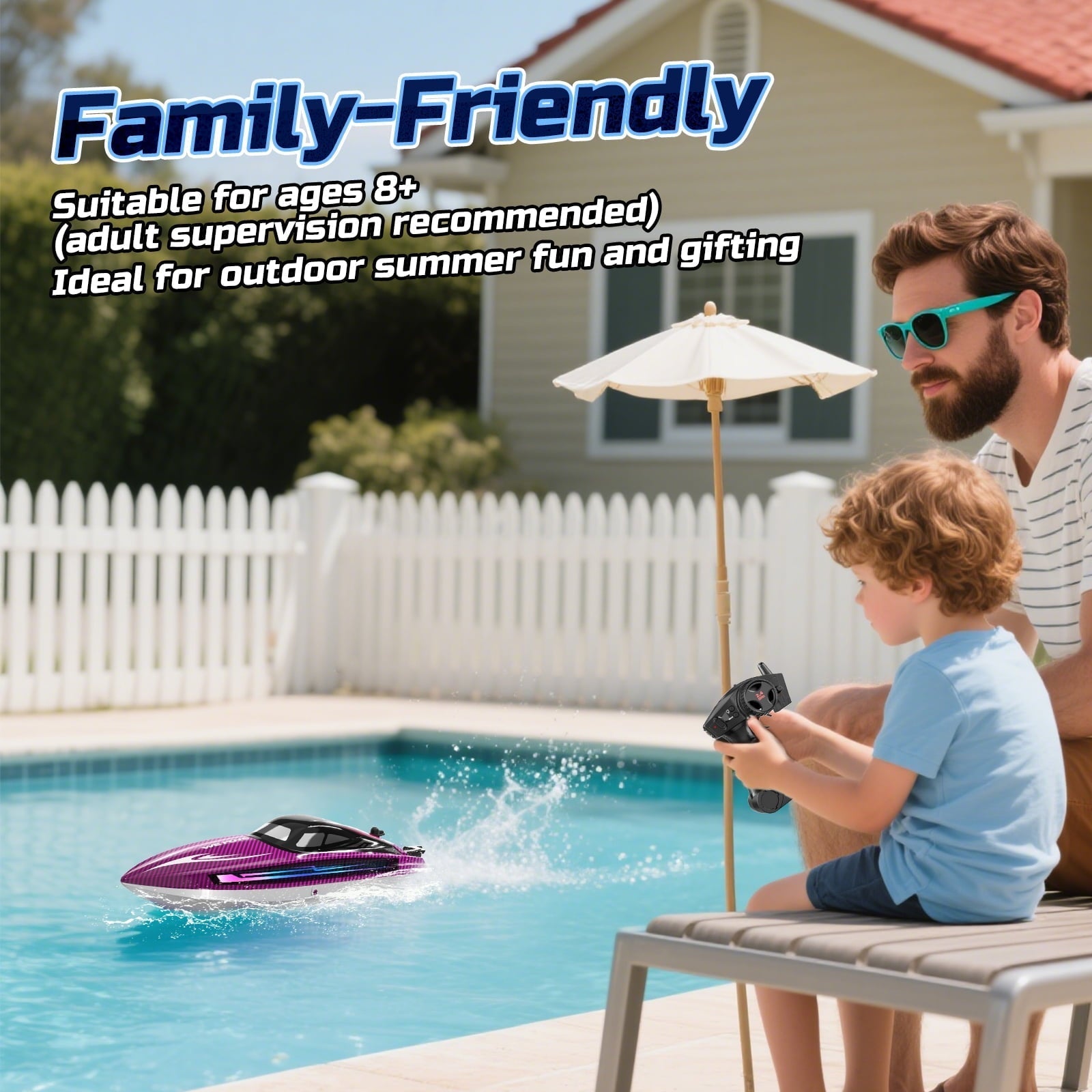 RC Boat for Adults and Kids, WeFone WF17 Remote Control Boat for Pools & Lakes, 2 Batteries, Purple