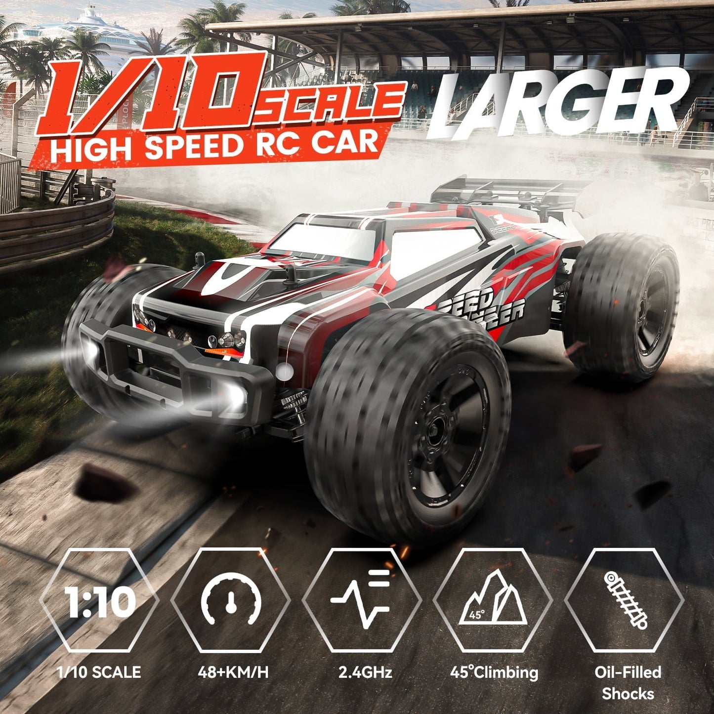 DEERC 9206E 1:10 Scale RC Cars, 48+ KM/H Hobby Grade High Speed Remote Control Car for Adults Boys, All Terrain 4WD 2.4GHz RC Monster Truck with 2 Battery for 40+ Min Play
