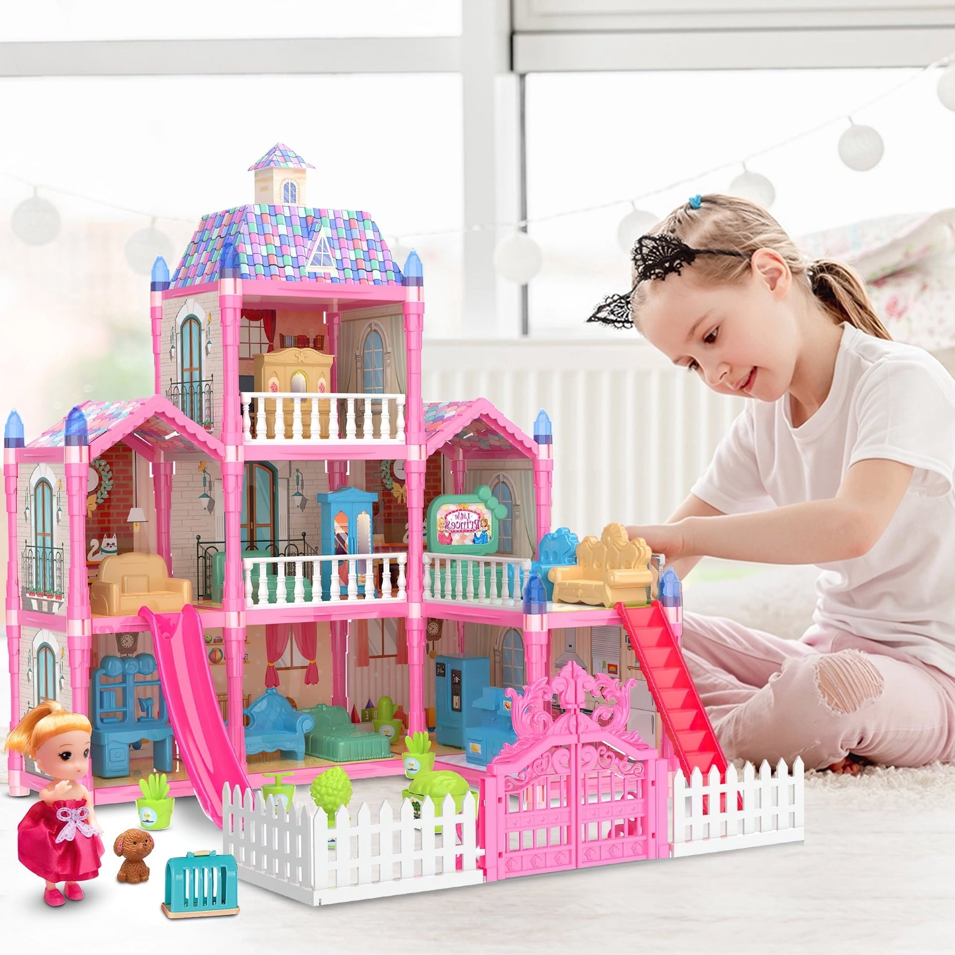 Hot Bee Girls Dollhouse with Slide, Pink, 16.7''