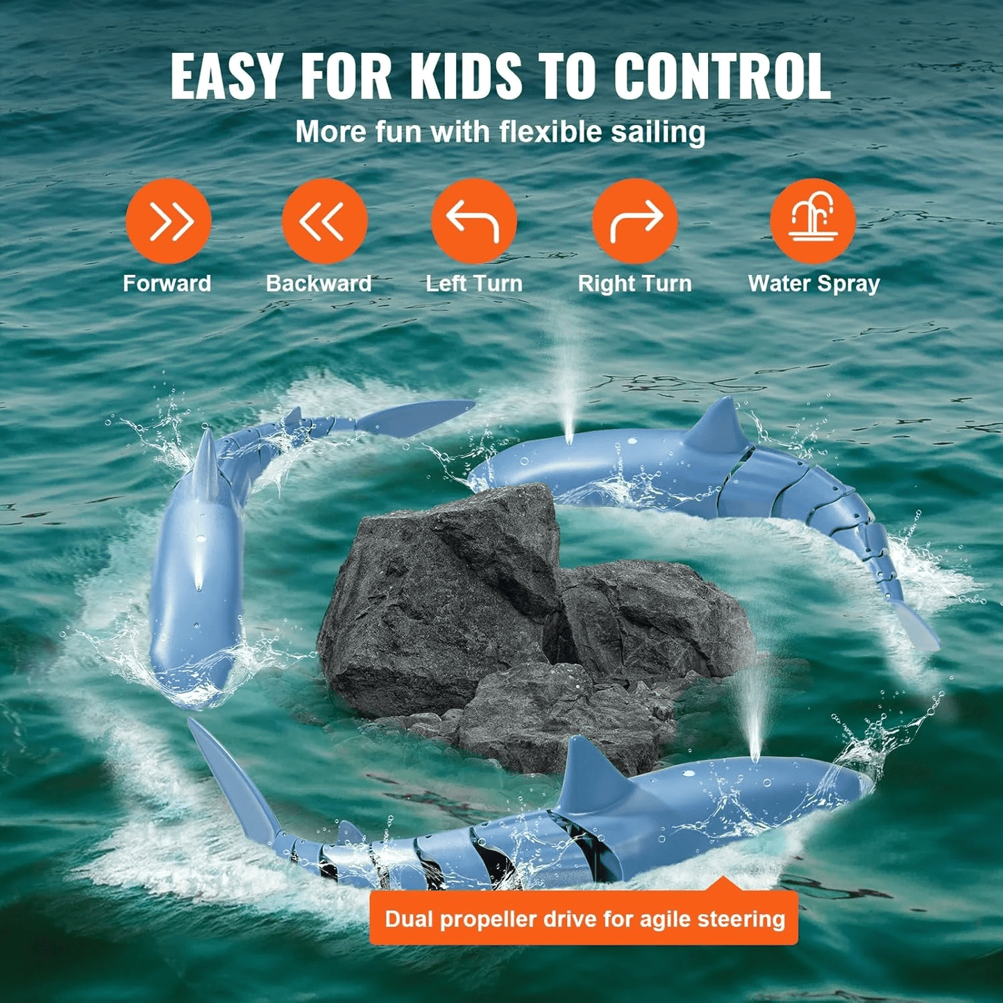 Lvelia 2.4Ghz Remote Control Shark Toys for Boys Girls,1:18 Scale High Simulation Shark for Pool, Electric RC Shark Fish Toys with Light & Spray Water Function for Kids Ages 6+,Blue