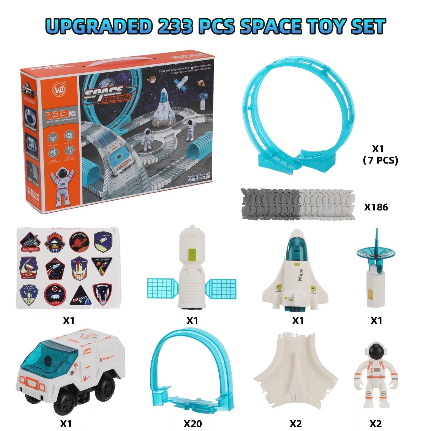 Petbank Space Toys for Kids, 233PCS STEM Train Toys with Light up Car and 2 Astronaut Dolls, DIY Flexible Race Track Birthday Xmas Gifts Set for Girls & Boys Aged 3-10