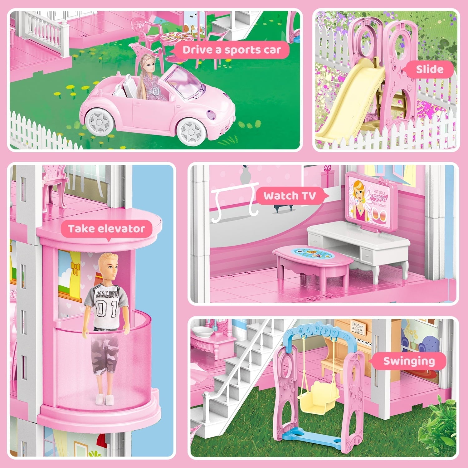 Freecat 38.5" Dollhouse for Girl, 9 Room, 2 Dolls, Elevator, Car& Furniture Accessories, Toy for Girl 3 4 5 6 7 8+ Year Old Kids, Girls Christmas Toy Gifts.(Pink)