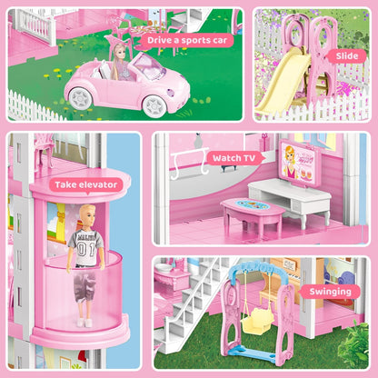 Freecat 38.5" Dollhouse for Girl, 9 Room, 2 Dolls, Elevator, Car& Furniture Accessories, Toy for Girl 3 4 5 6 7 8+ Year Old Kids, Girls Christmas Toy Gifts.(Pink)