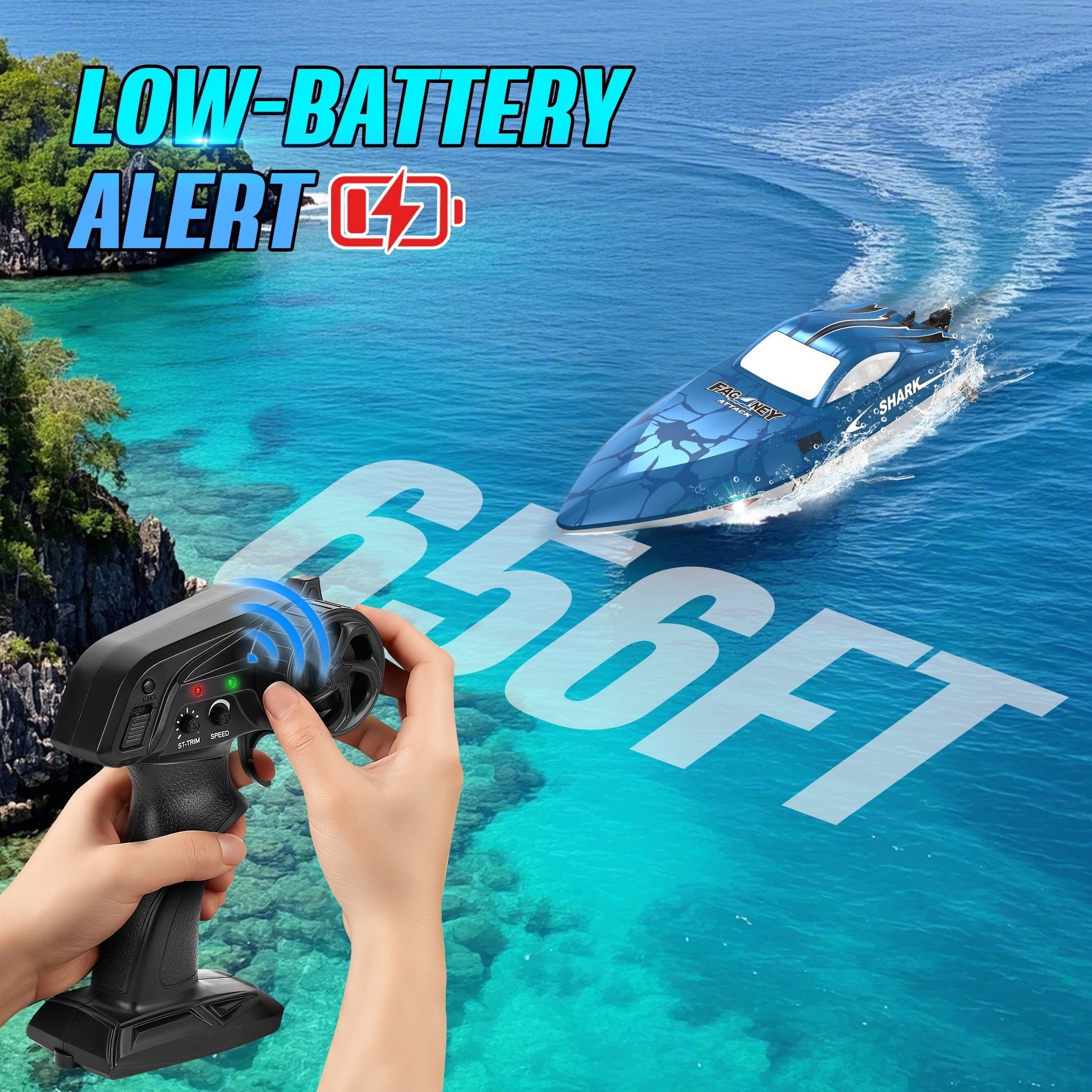 FAGINEY Brushless RC Shark Boat for Kids Adults, 34 mph (55 Kph) 2.4GHz Fast Remote Control Boat with Self-Righting, LED Lights