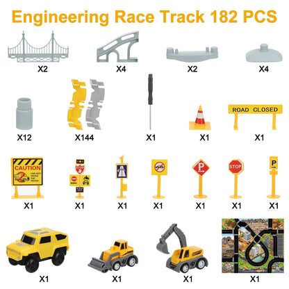 Anpro 180PCS Construction Toys Race Track Set for Kids, DIY Flexible Track Playset with Engineering Cars and Playmat, Create a Engineering Road Games Gift Toys for Age 3+ Boys