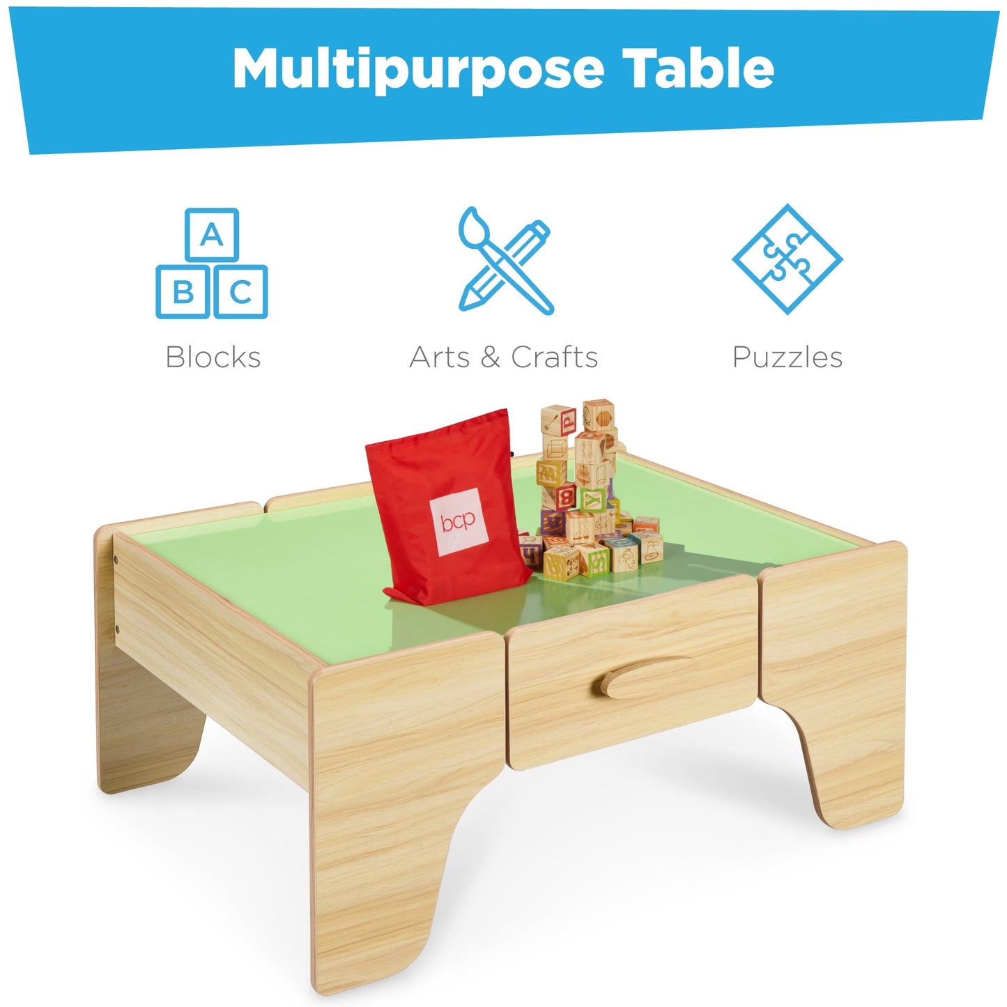 Best Choice Products Wooden Train Set Table for kids, 56pc Multi-Activity Table for Kids w/Toy Storage Drawer & Reversible Top - Natural
