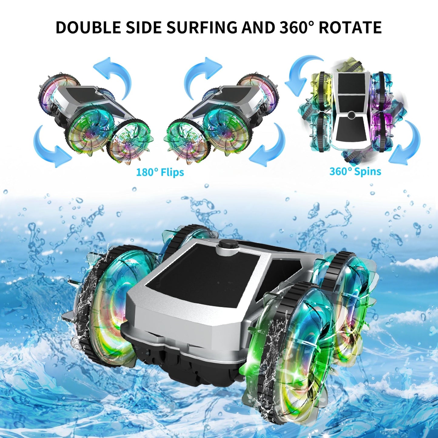 UUGEE Remote Control Car Car Toys for Boys, 2.4 GHz 4WD Amphibious RC Car Boat, 360°Rotation RC Truck Stunt Cars with LED Lights, Christmas Birthday Gifts for 8 9 10 Kids Girls