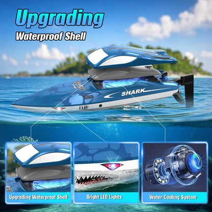 FAGINEY Brushless RC Shark Boat for Kids Adults, 34 mph (55 Kph) 2.4GHz Fast Remote Control Boat with Self-Righting, LED Lights