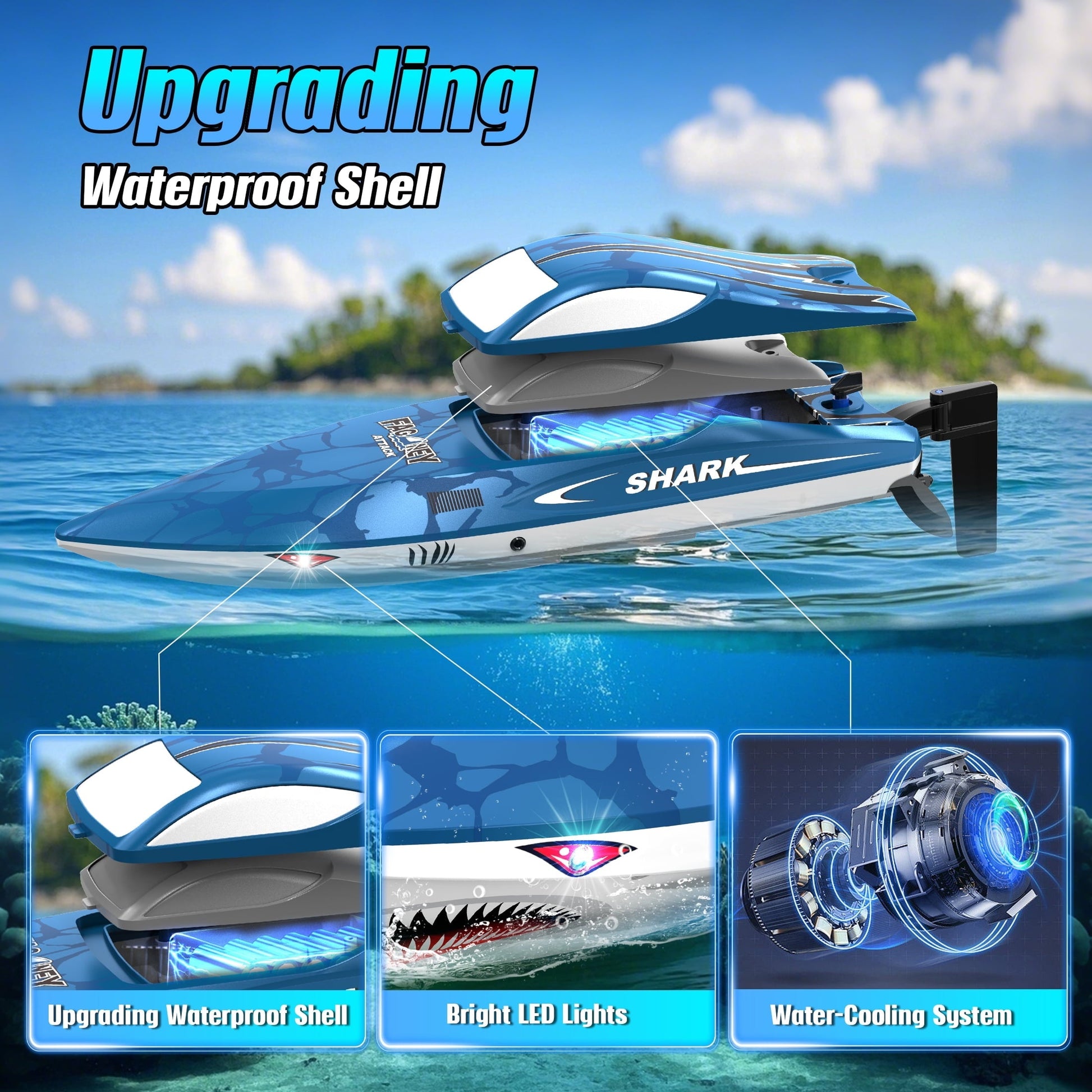 FAGINEY Brushless RC Shark Boat for Kids Adults, 34 mph (55 Kph) 2.4GHz Fast Remote Control Boat with Self-Righting, LED Lights