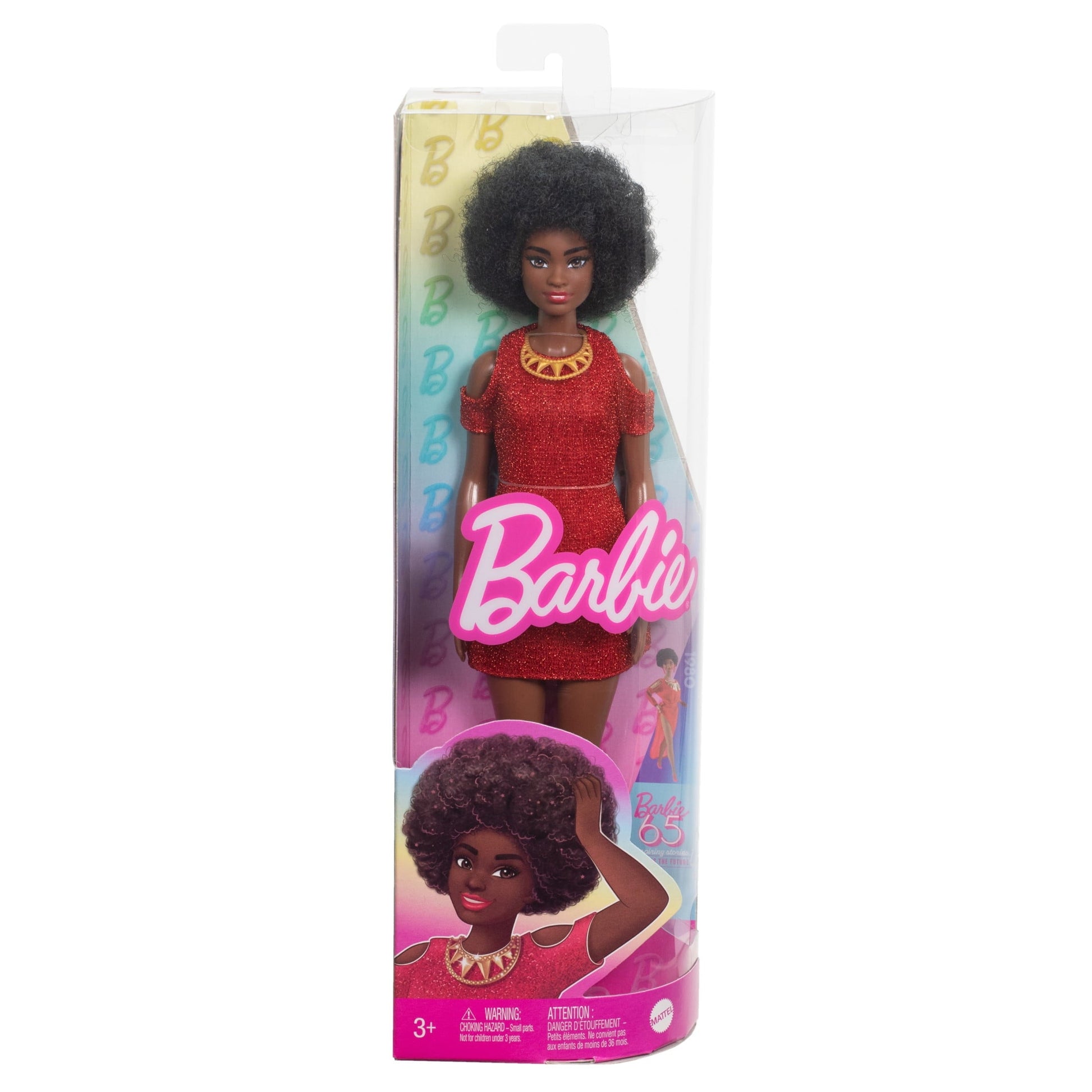 Barbie Fashionistas Doll #221 with Natural Black Hair, Red Dress & Accessories, 65th Anniversary