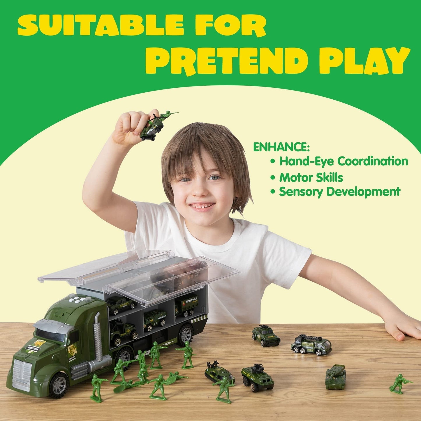 Joyfy 25 in 1 Die-cast Military Army Play Vehicle Set, Vehicles with Sounds and Lights in Carrier Truck, Push and Go Car Toy, Kids Christmas Birthday Gifts for 3 4 5 6 Years Old Boys