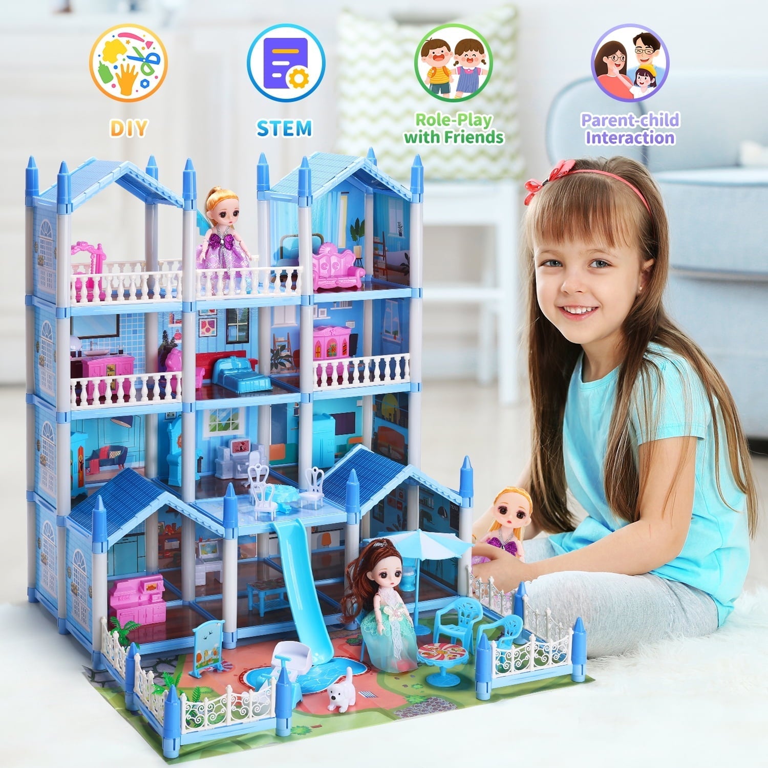 JoyStone Play Dollhouse with Doll Toy Figures, 14 Rooms Furniture and Colorful Lights, Creative Doll House Gift for Girls Ages 3+, Assemble Required, Pink