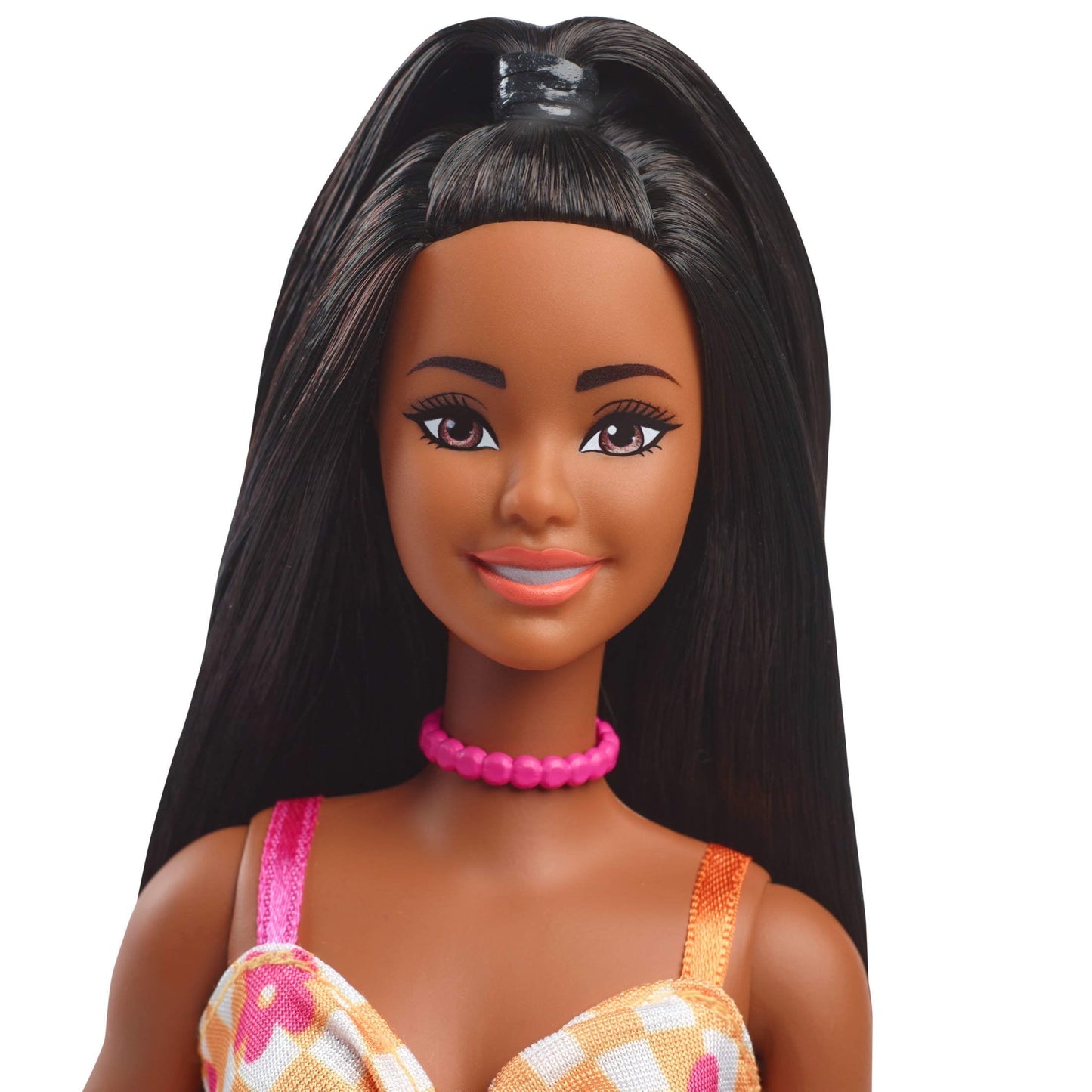 Barbie Fashionistas Doll #233 with Black Hair in Checkered Flower Midi Dress, Necklace and Sandals