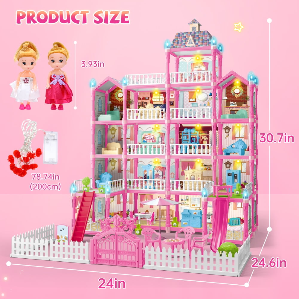 JoyStone Doll House for Girls, 5-Story 19 Rooms Huge Dollhouse Playset with LED Lights, 2 Dolls, Furnitures, Accessories, DIY Pretend Play House Toys Gifts for Kids, Pink