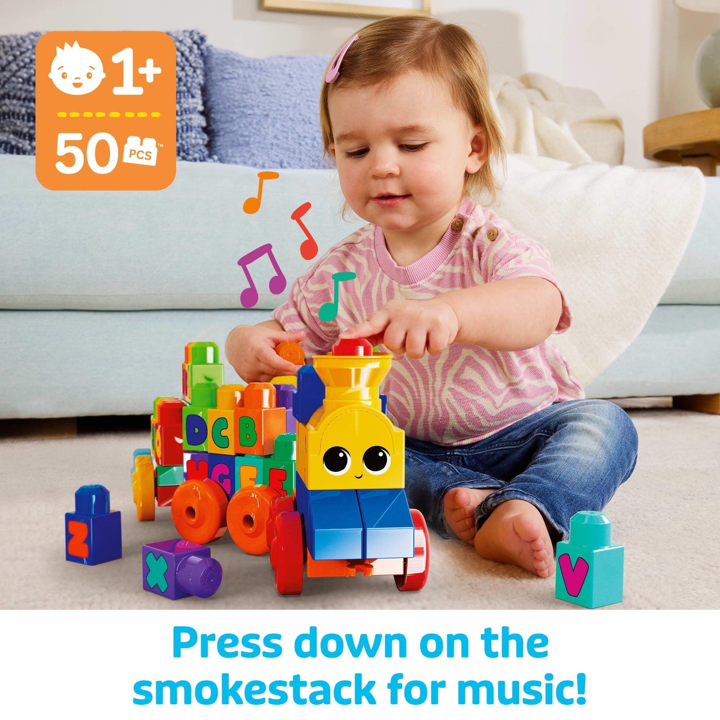 MEGA BLOKS Toy Blocks ABC Musical Train with Sounds and Music (50 Pieces) for Toddler
