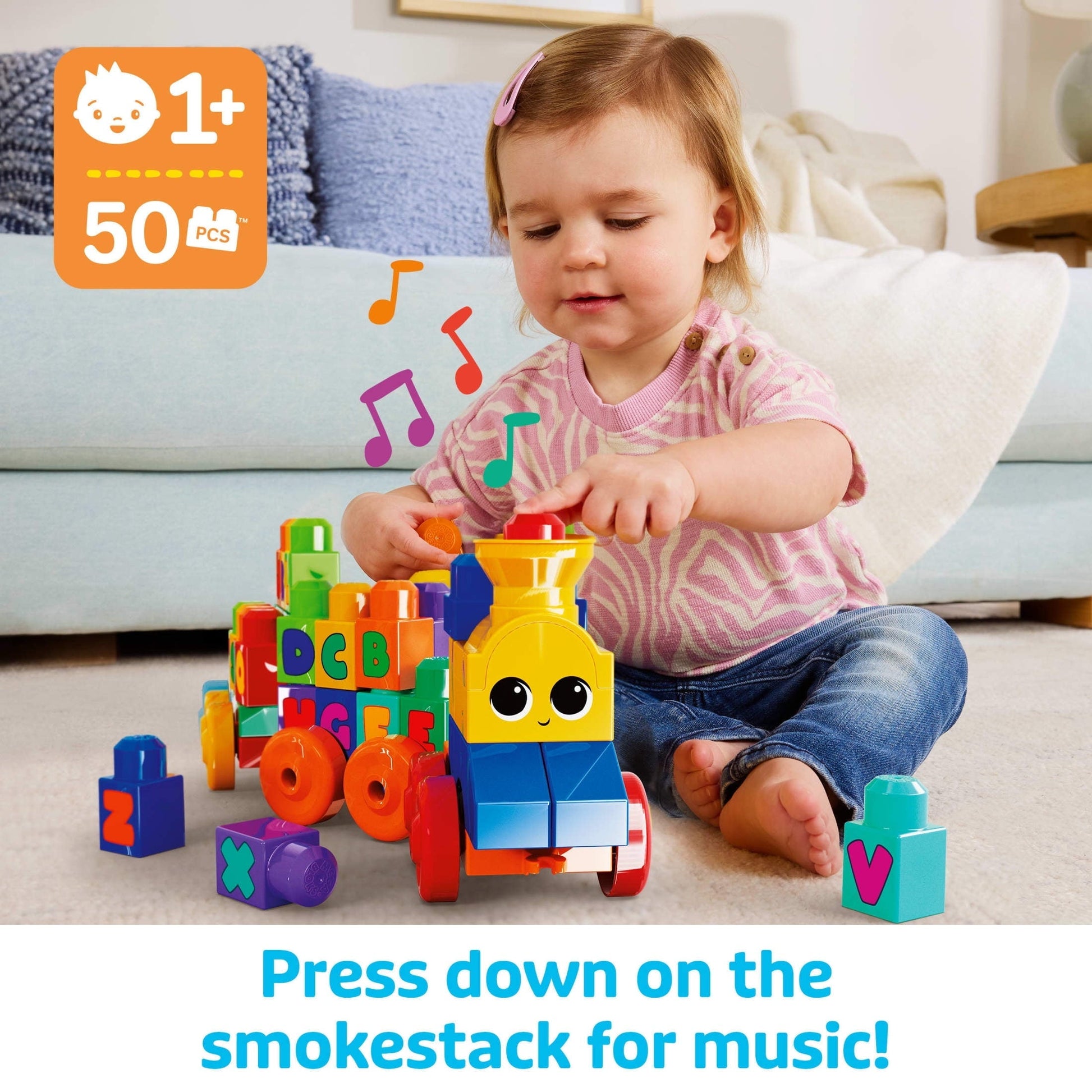 MEGA BLOKS Toy Blocks ABC Musical Train with Sounds and Music (50 Pieces) for Toddler